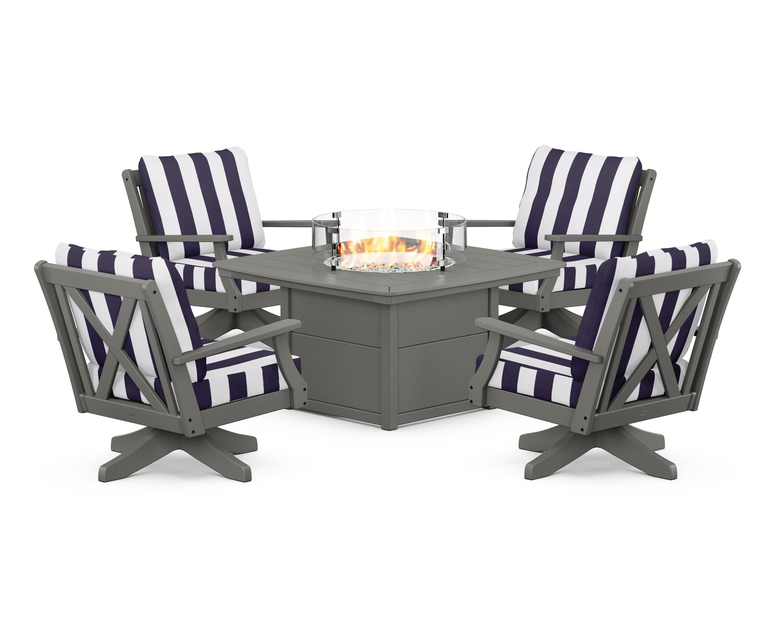Braxton 5-Piece Deep Seating Swivel Conversation Set with Fire Pit Table in Slate Grey / Cabana Stripe Navy