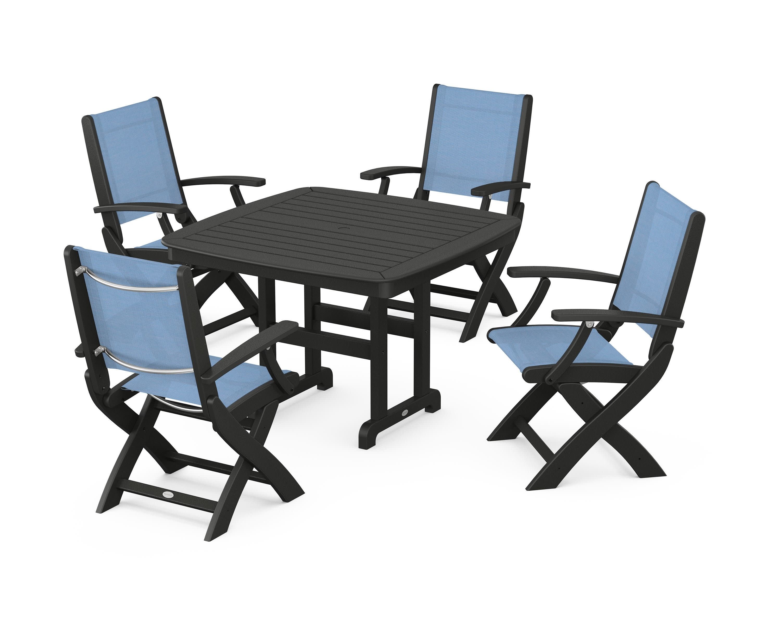 Coastal Folding Chair 5-Piece Dining Set in Black / Poolside Sling