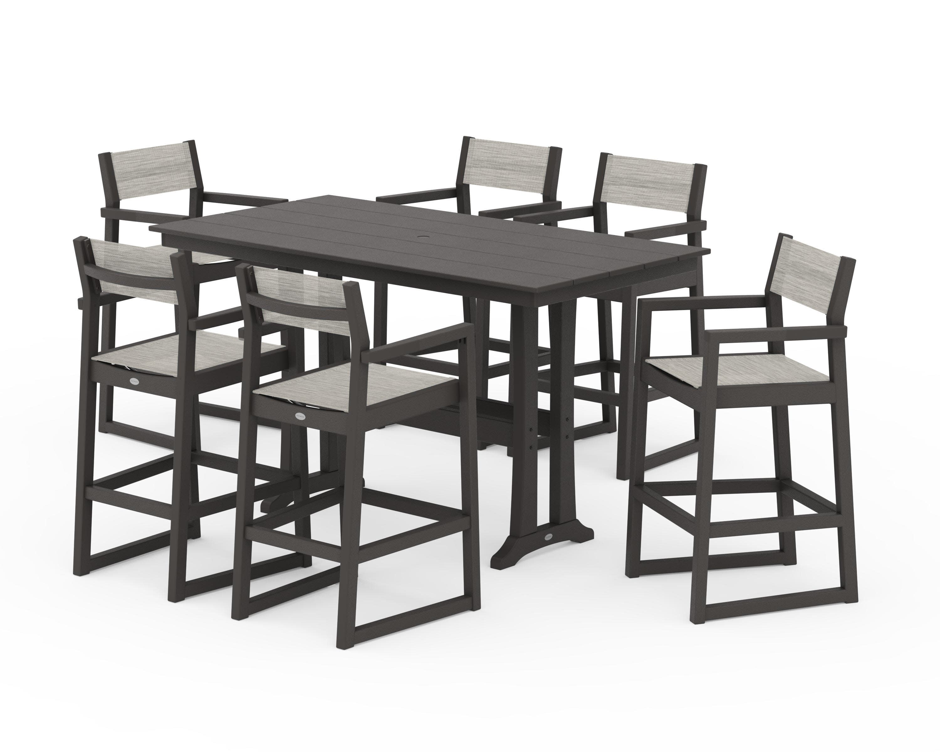 EDGE Sling Arm Chair 7-Piece Farmhouse Bar Set with Trestle Legs in Vintage Coffee / Birch Sling
