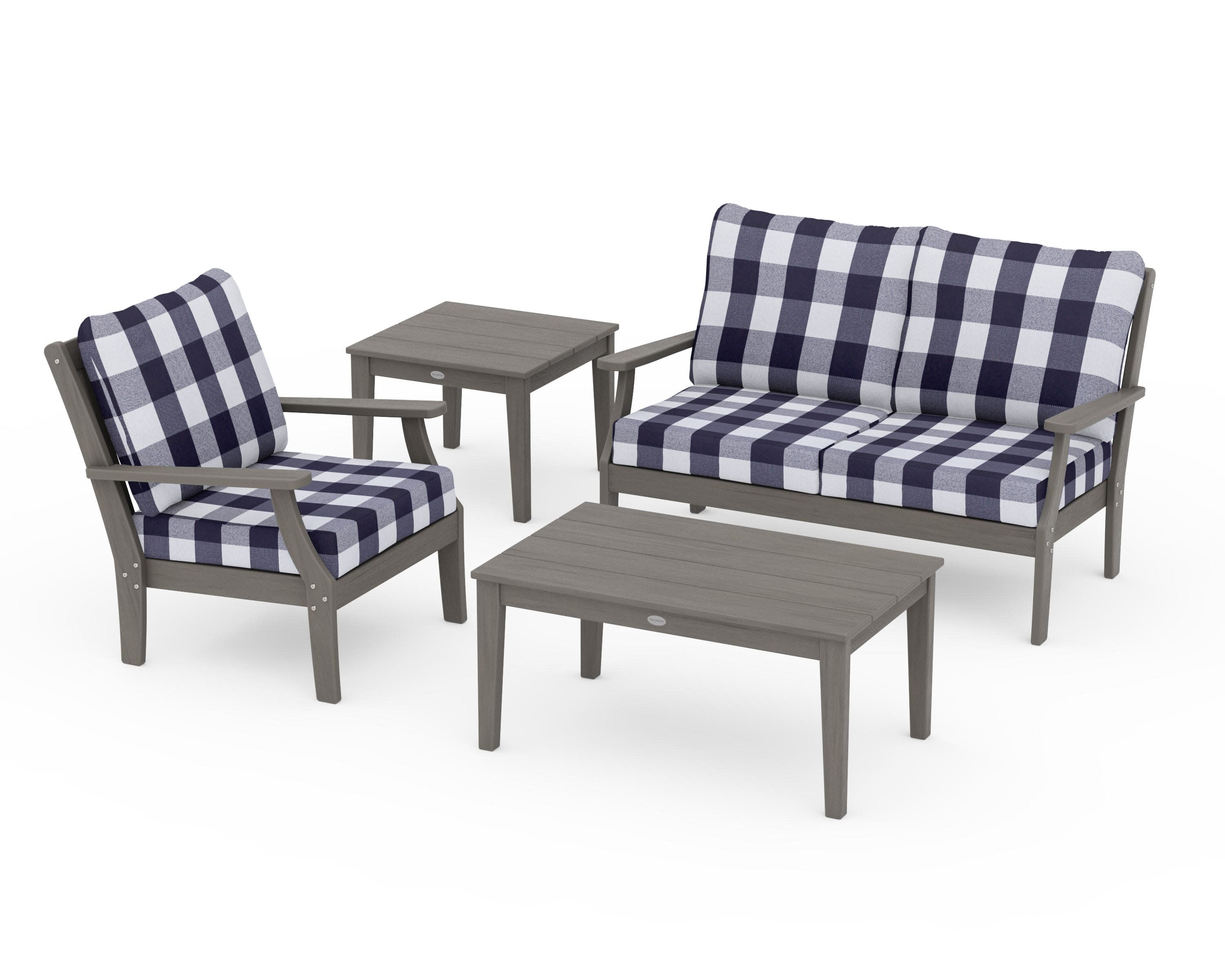 Braxton 4-Piece Deep Seating Set in Driftwood / Buffalo Plaid Navy