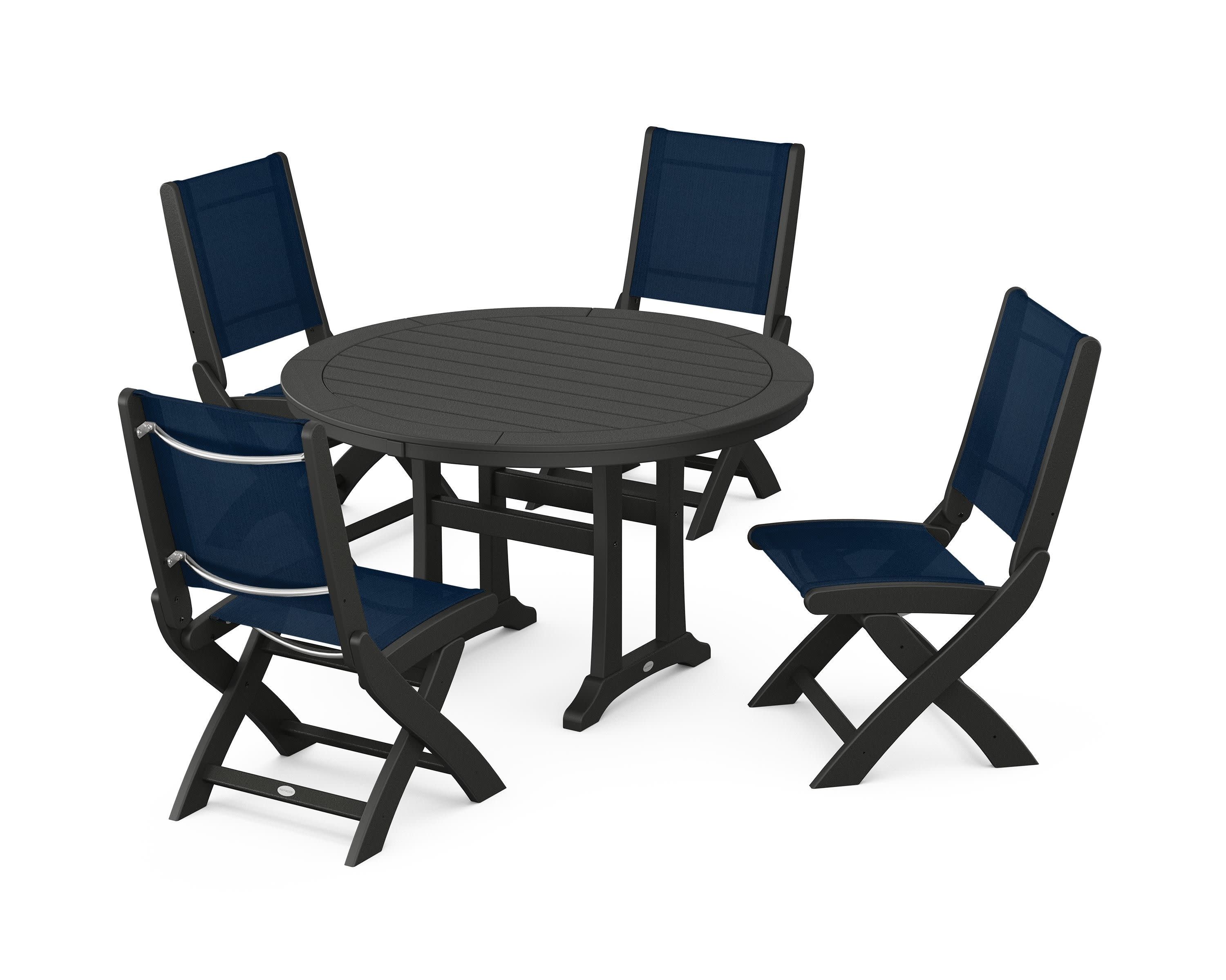 Coastal Folding Side Chair 5-Piece Round Dining Set With Trestle Legs in Black / Navy Blue Sling