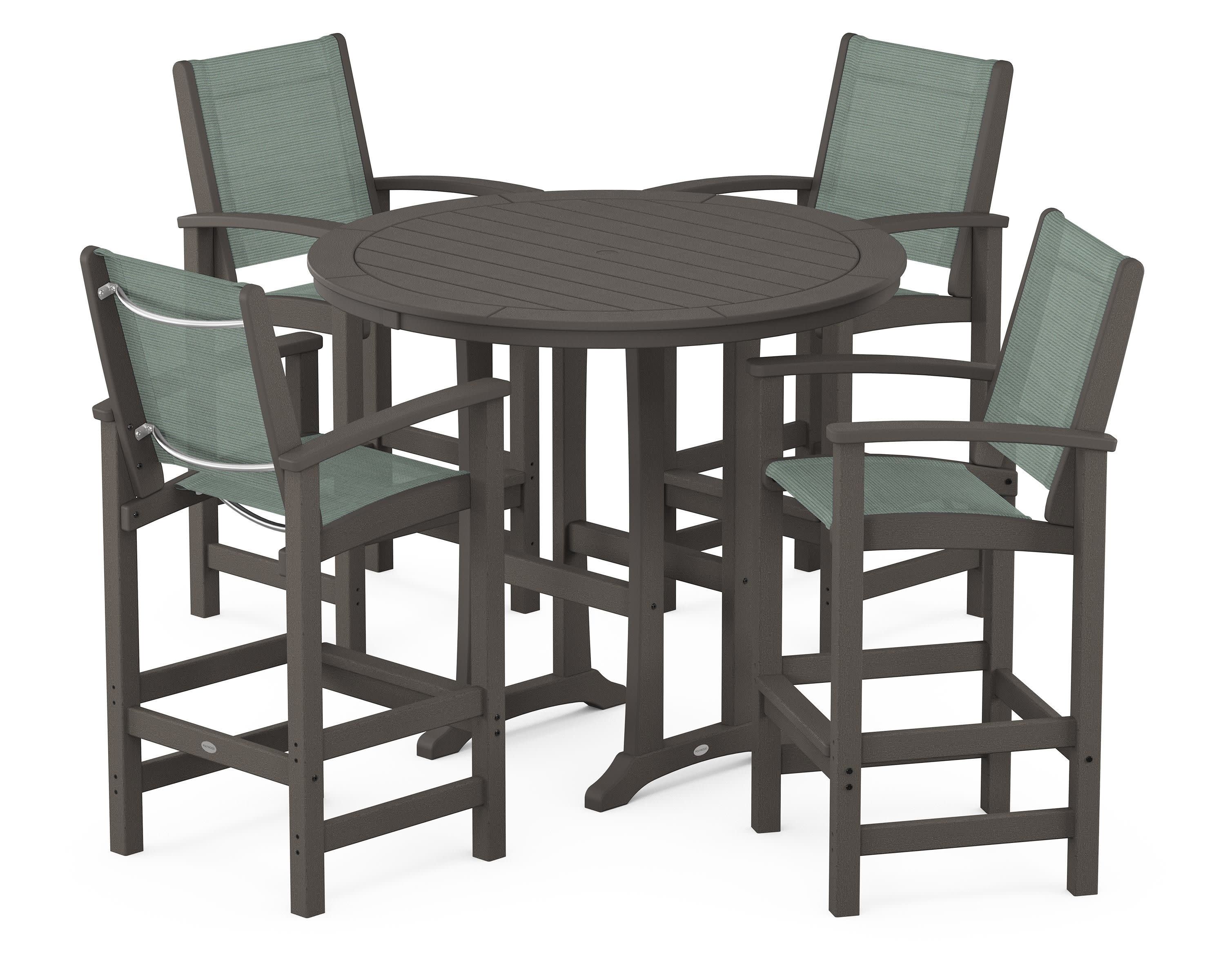 Coastal 5-Piece Nautical Trestle Bar Set in Vintage Coffee / Dupioni Sea Mist Sling