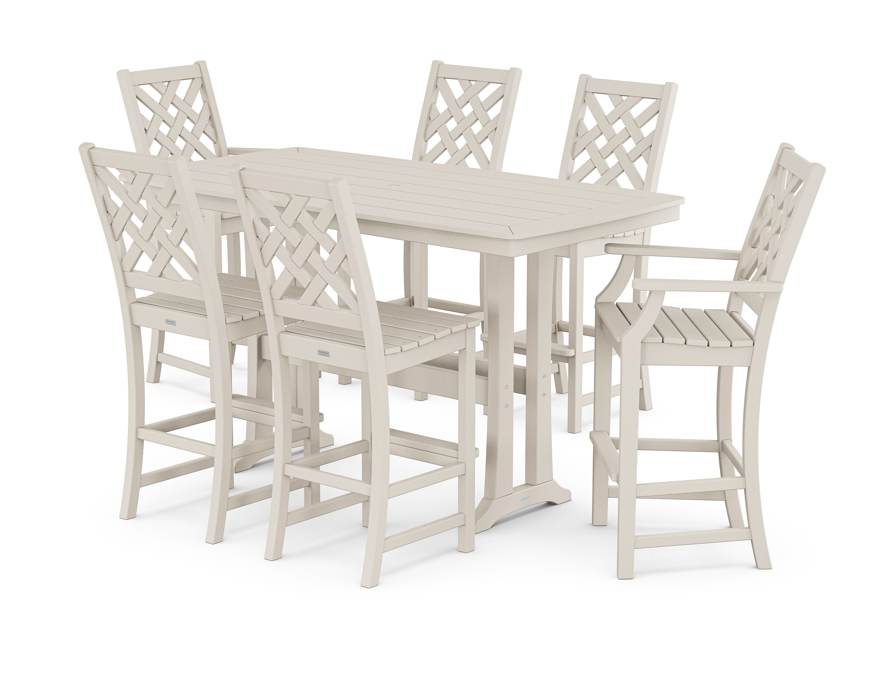 Wovendale 7-Piece Bar Set with Trestle Legs in Sand