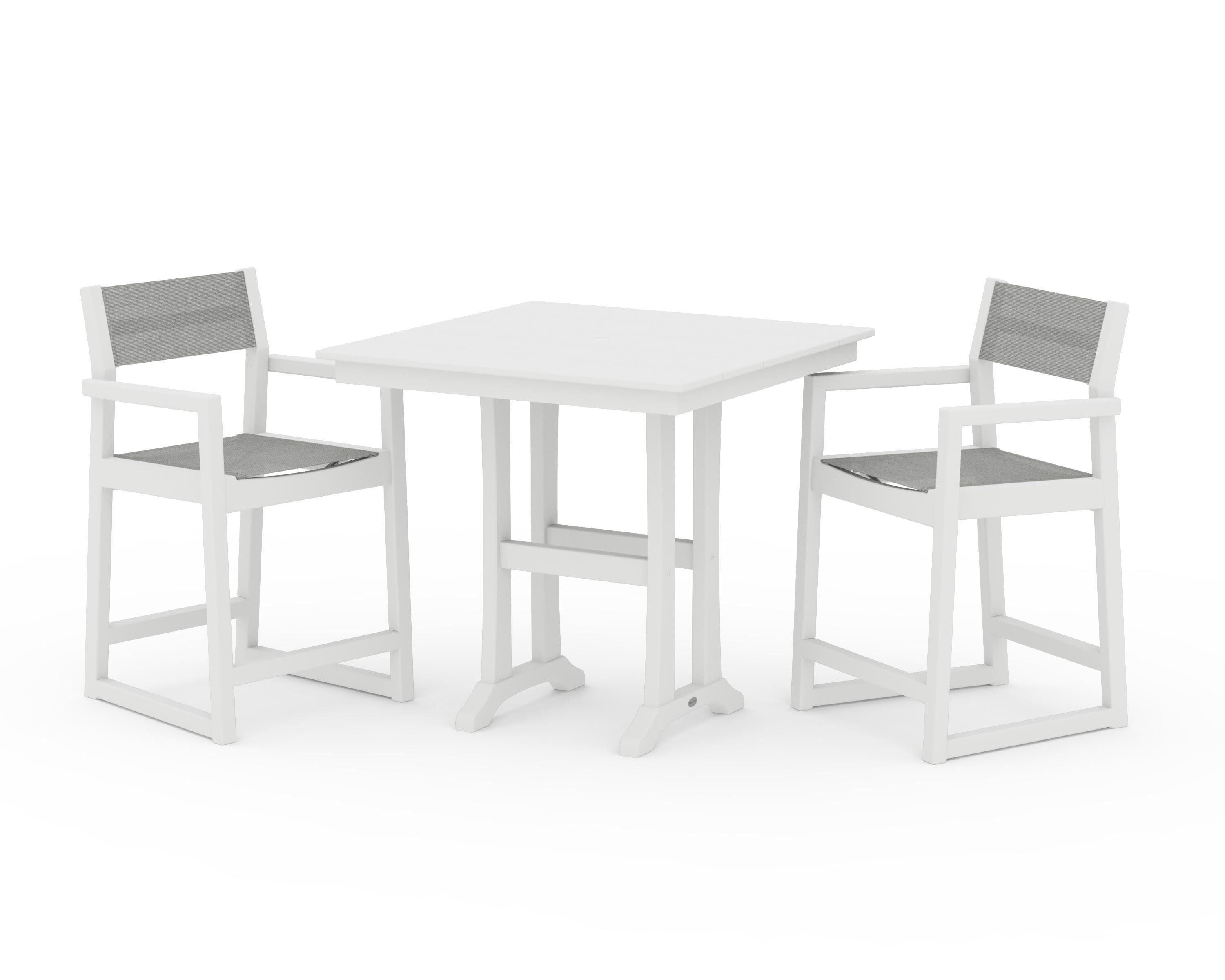 EDGE Sling Arm Chair 3-Piece Farmhouse Counter Set with Trestle Legs in White / Metallic Sling