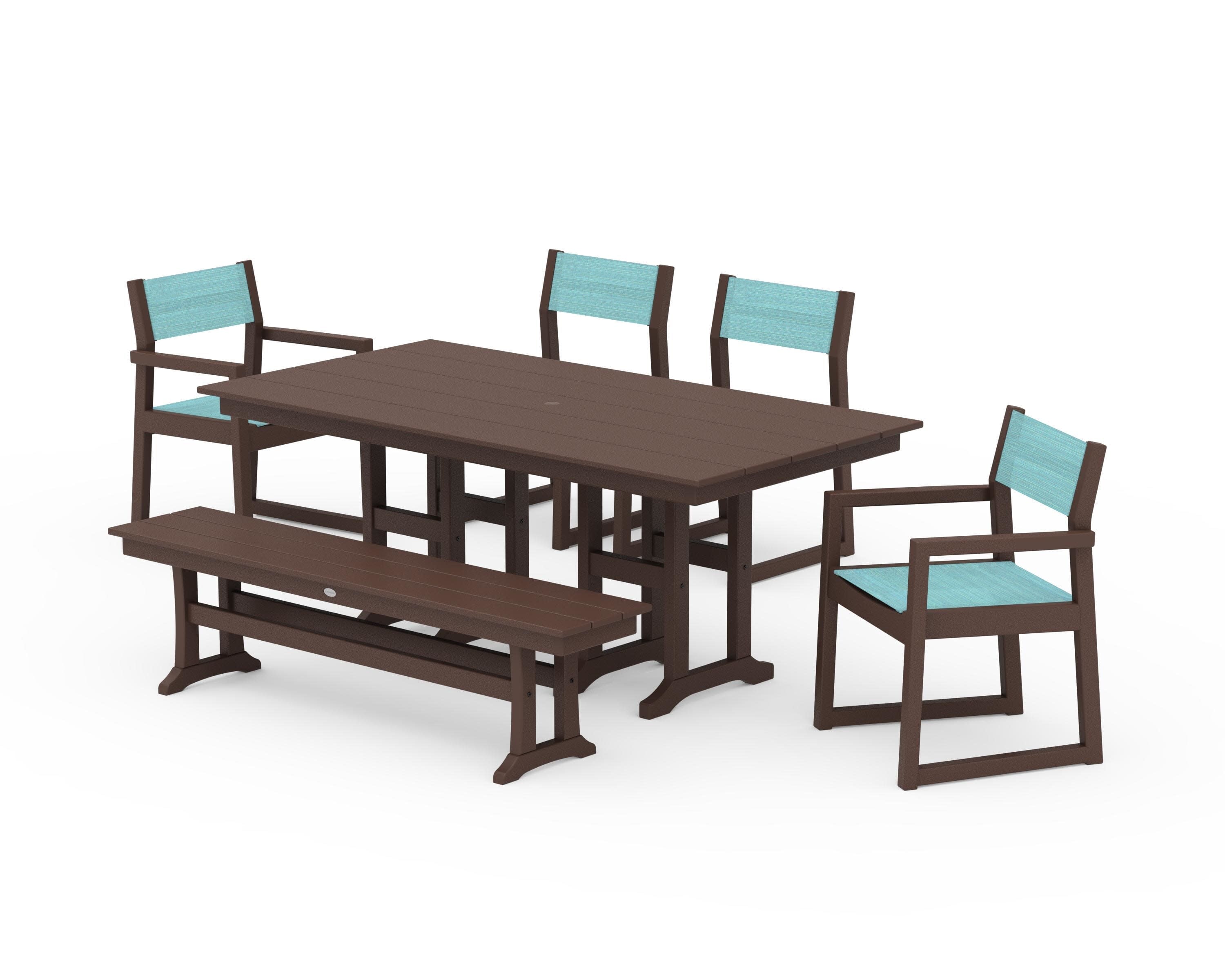 EDGE Sling 6-Piece Farmhouse Dining Set in Mahogany / Dupioni Aquamarine Sling