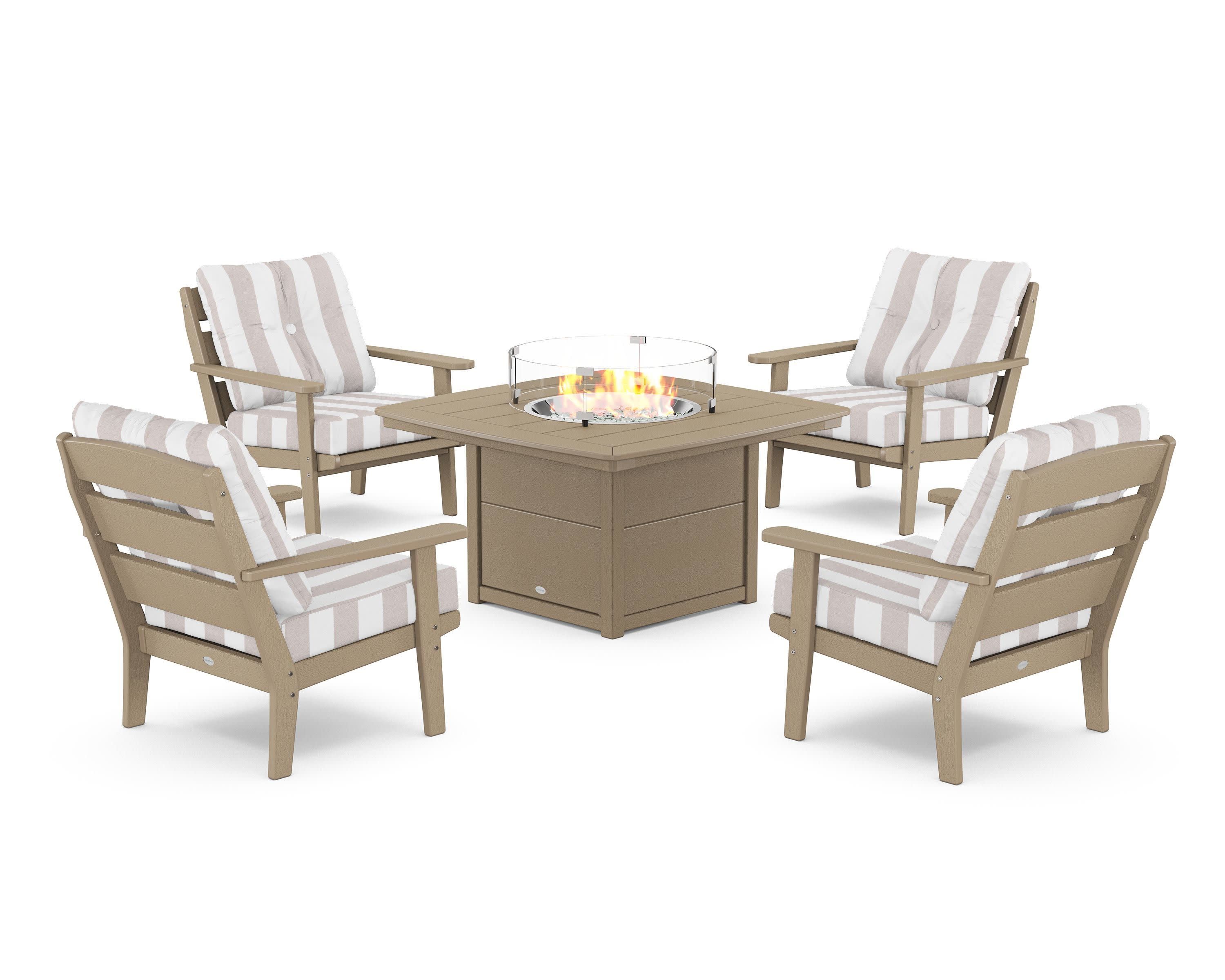 Lakeside 5-Piece Deep Seating Set with Nautical Fire Pit Table in Vintage Sahara / Cabana Stripe Dune Burlap