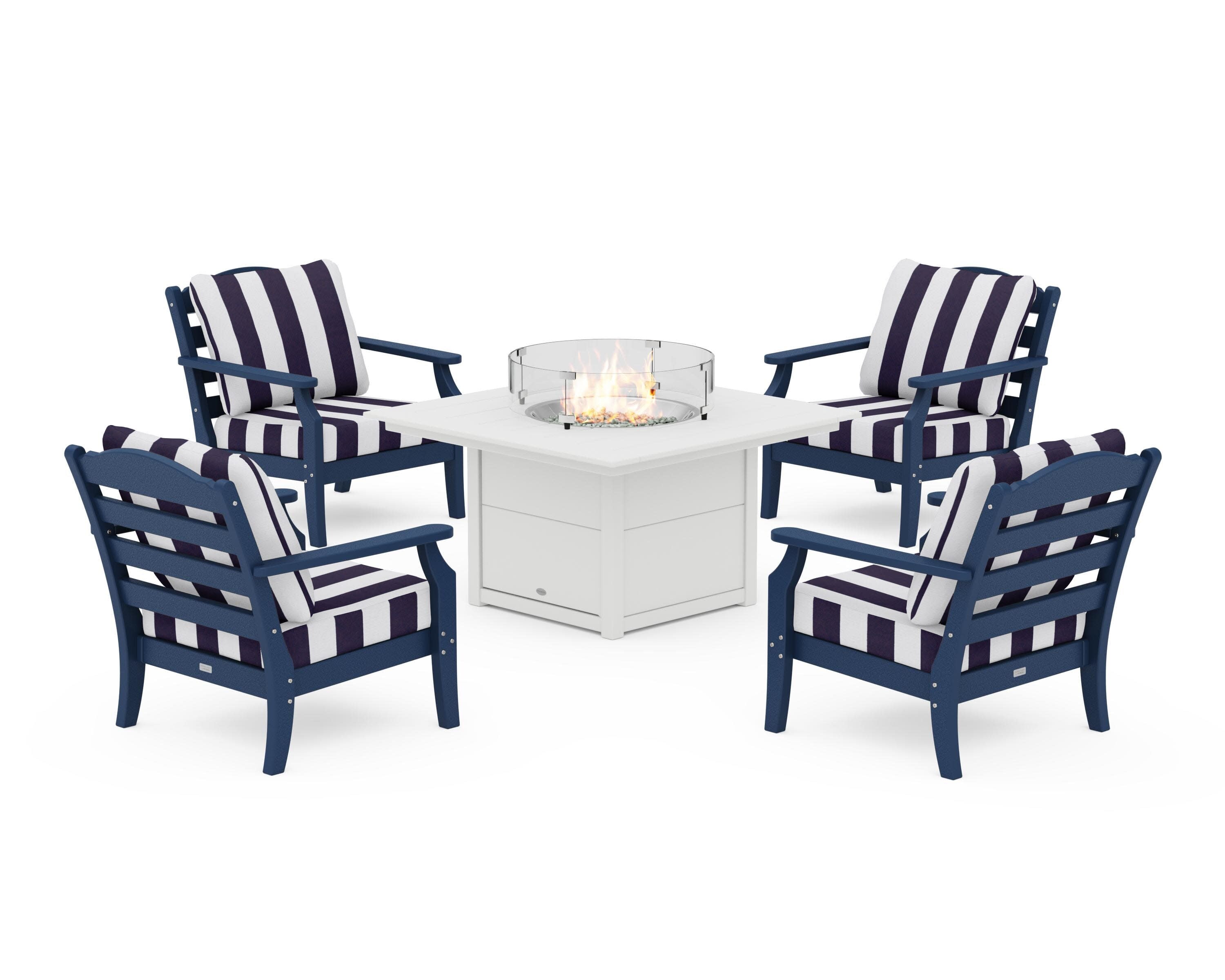 Savannah 5-Piece Deep Seating Set with Fire Pit Table in Navy / Cabana Stripe Navy