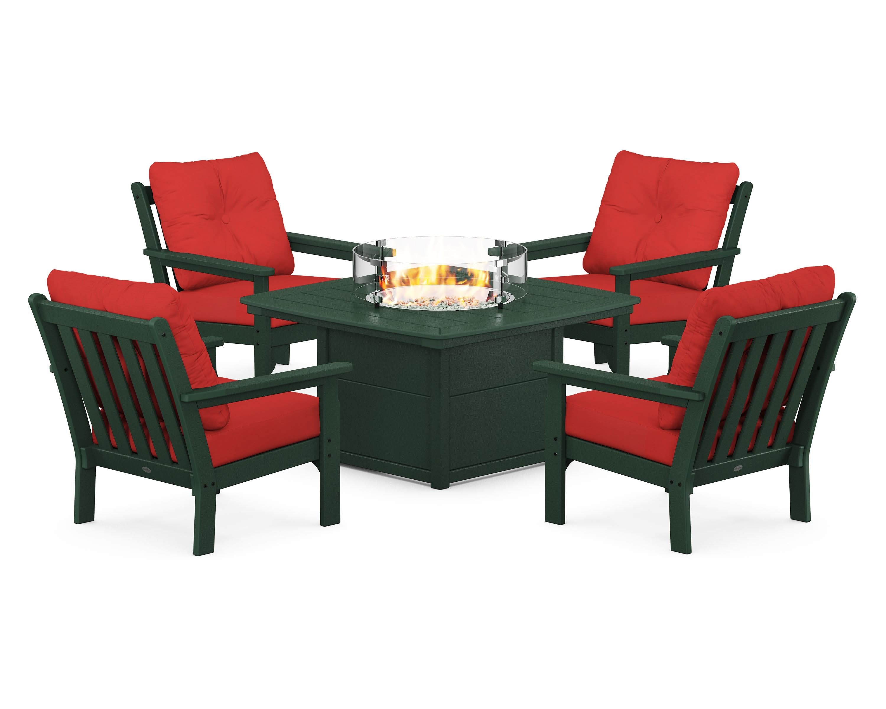 Vineyard 5-Piece Conversation Set with Fire Pit Table in Green / Crimson Linen