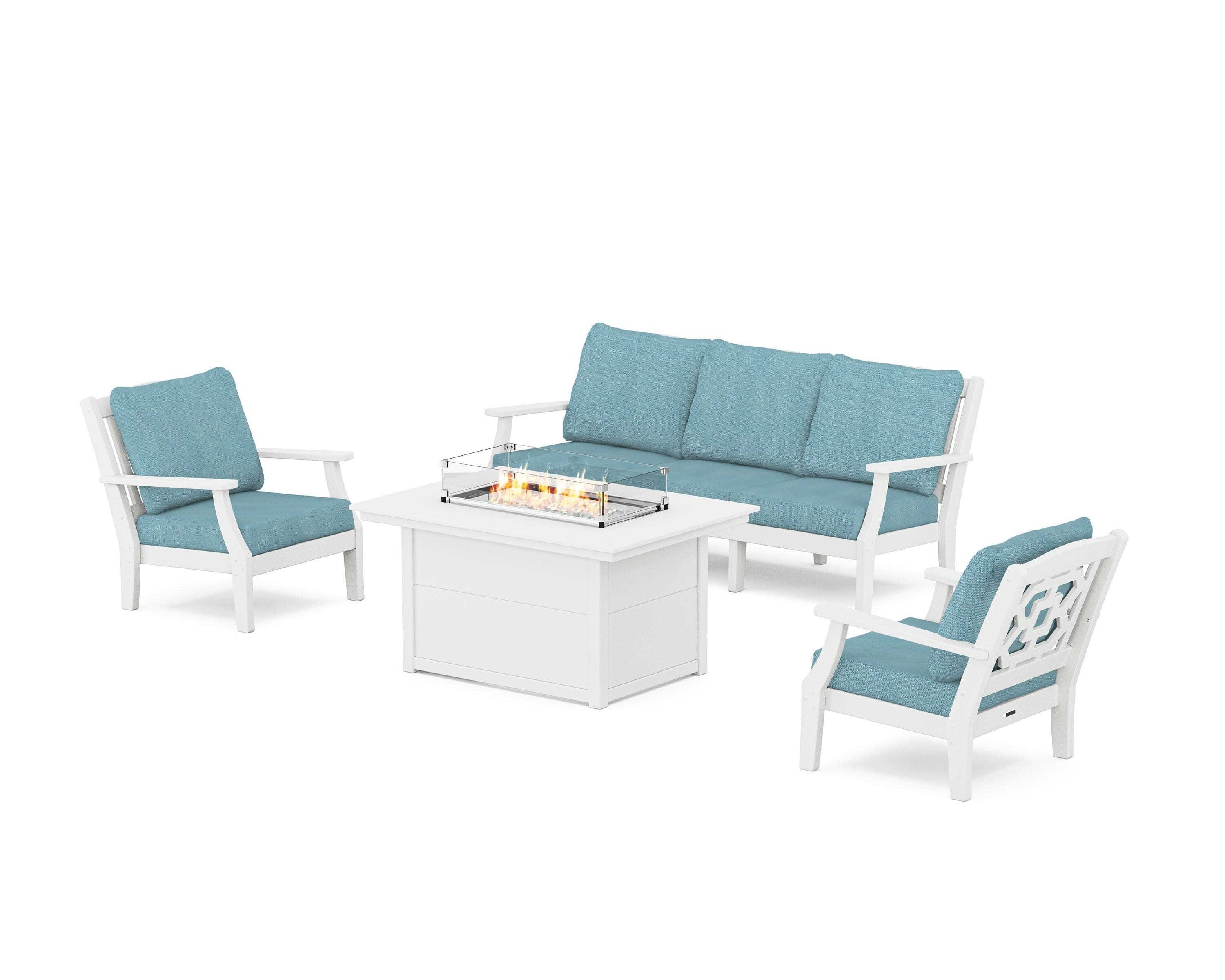 Chinoiserie Deep Seating Fire Pit Table Set in White / Lattice Sky Blue