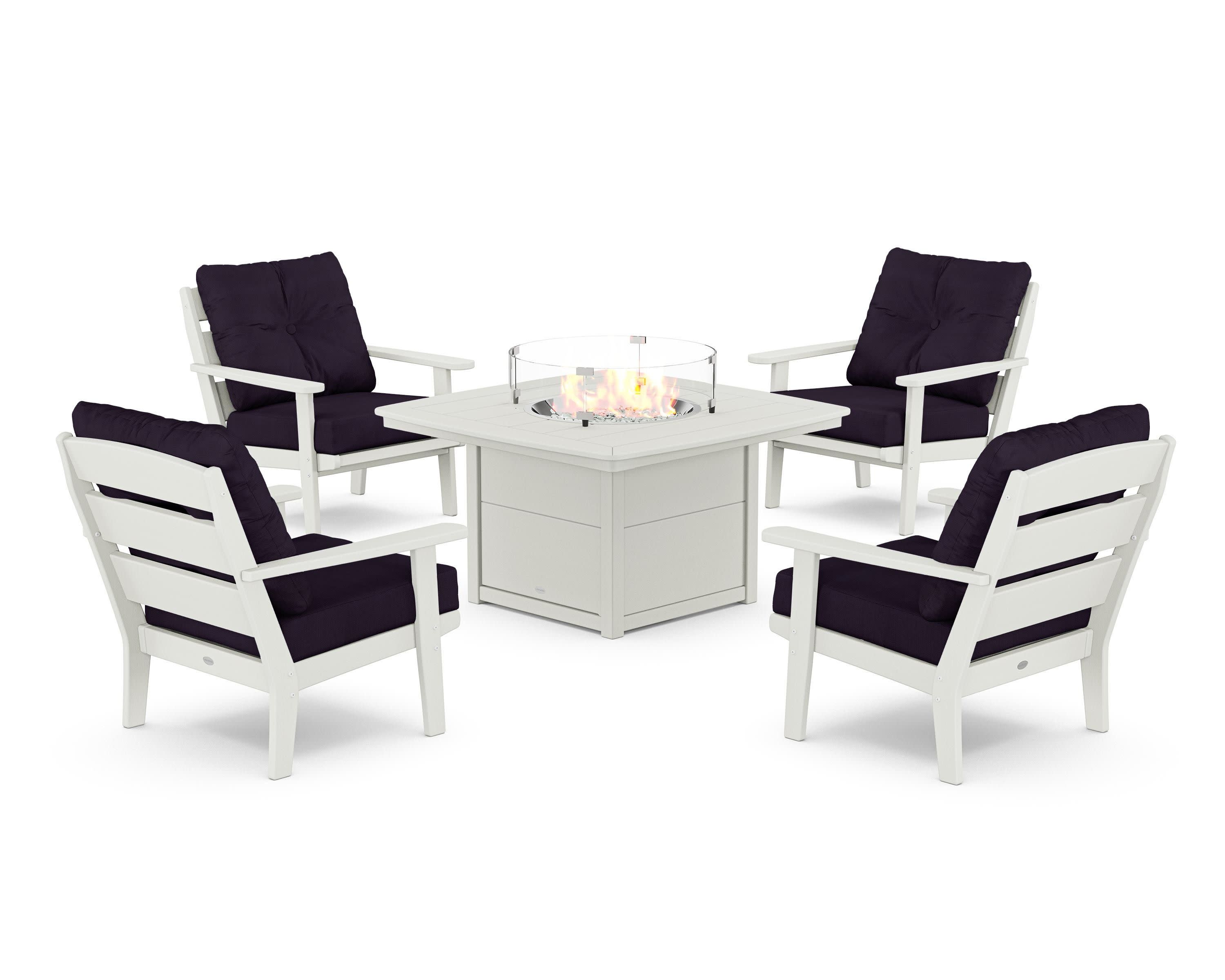 Lakeside 5-Piece Deep Seating Set with Nautical Fire Pit Table in Vintage White / Navy Linen