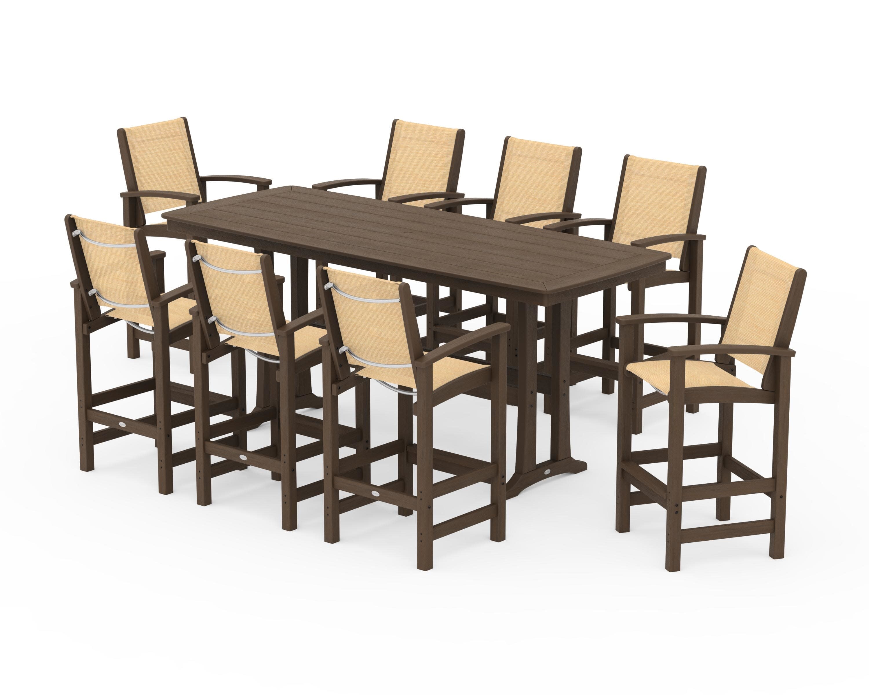 Coastal 9-Piece Bar Set with Trestle Legs in Kona / Dupioni Apricot Sling