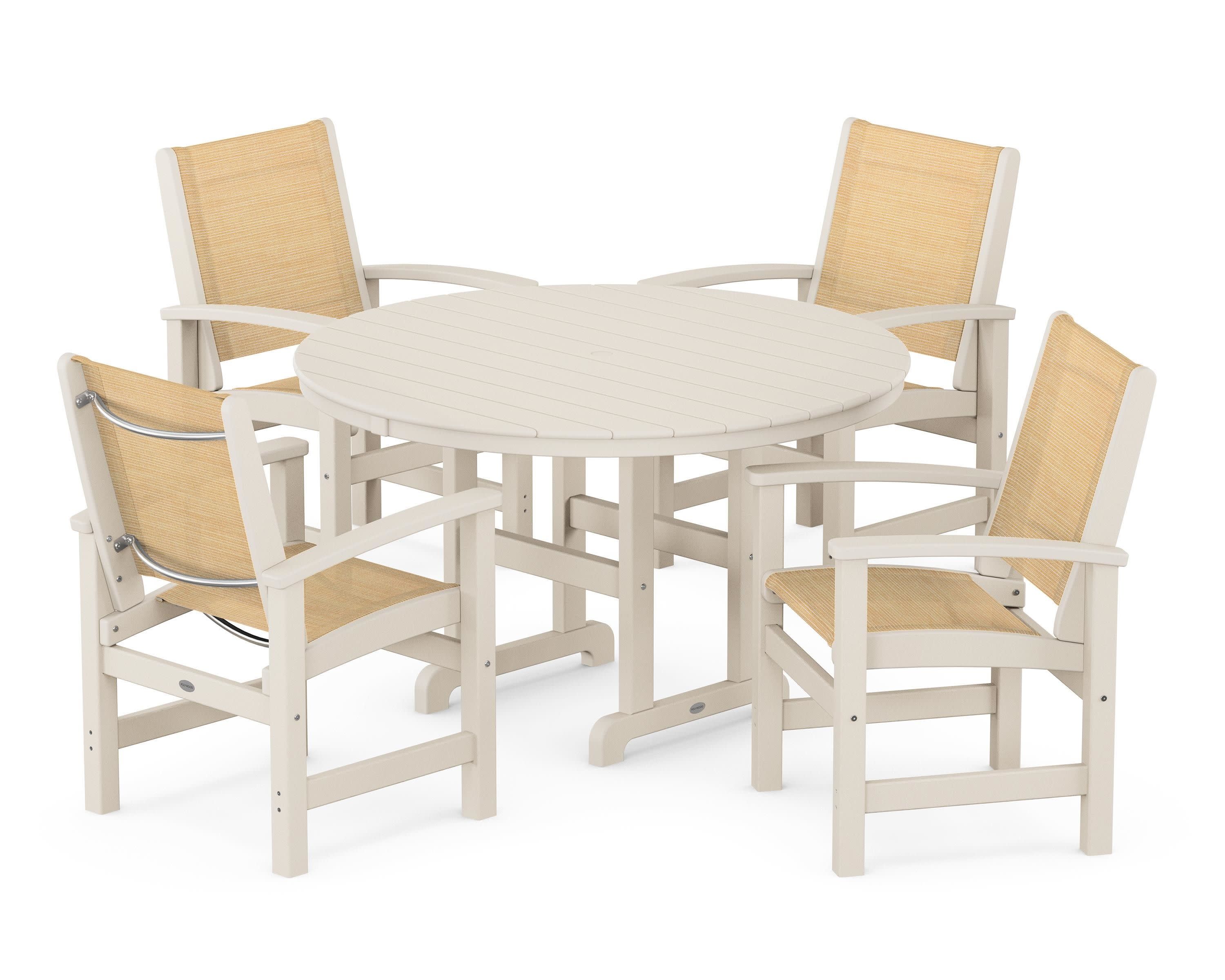 Coastal 5-Piece Round Farmhouse Dining Set in Sand / Dupioni Apricot Sling