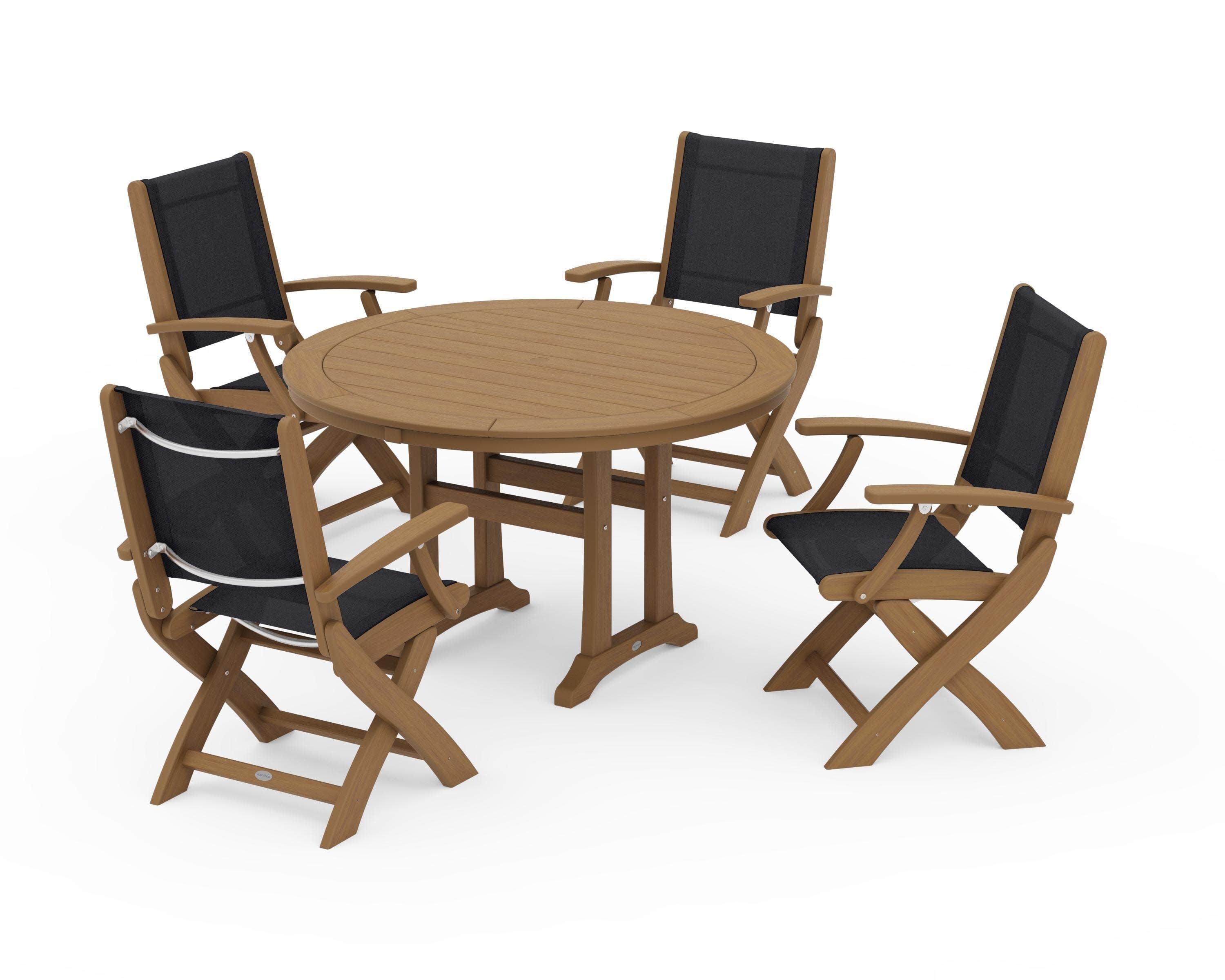 Coastal Folding Chair 5-Piece Round Dining Set with Trestle Legs in Natural / Black Sling