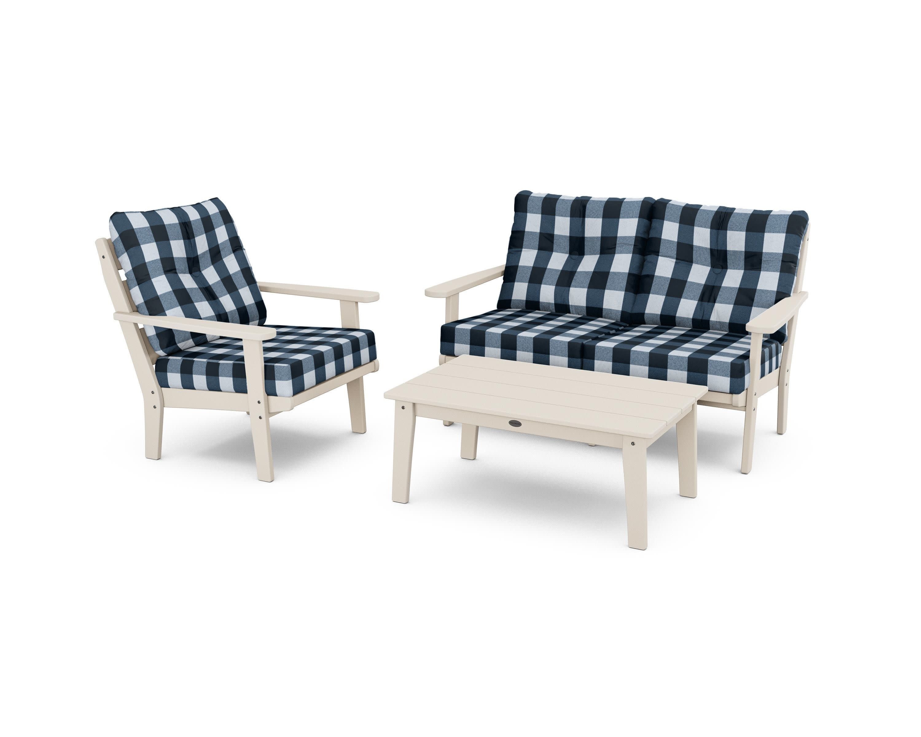 Lakeside 3-Piece Deep Seating Set in Sand / Buffalo Plaid Marine Indigo