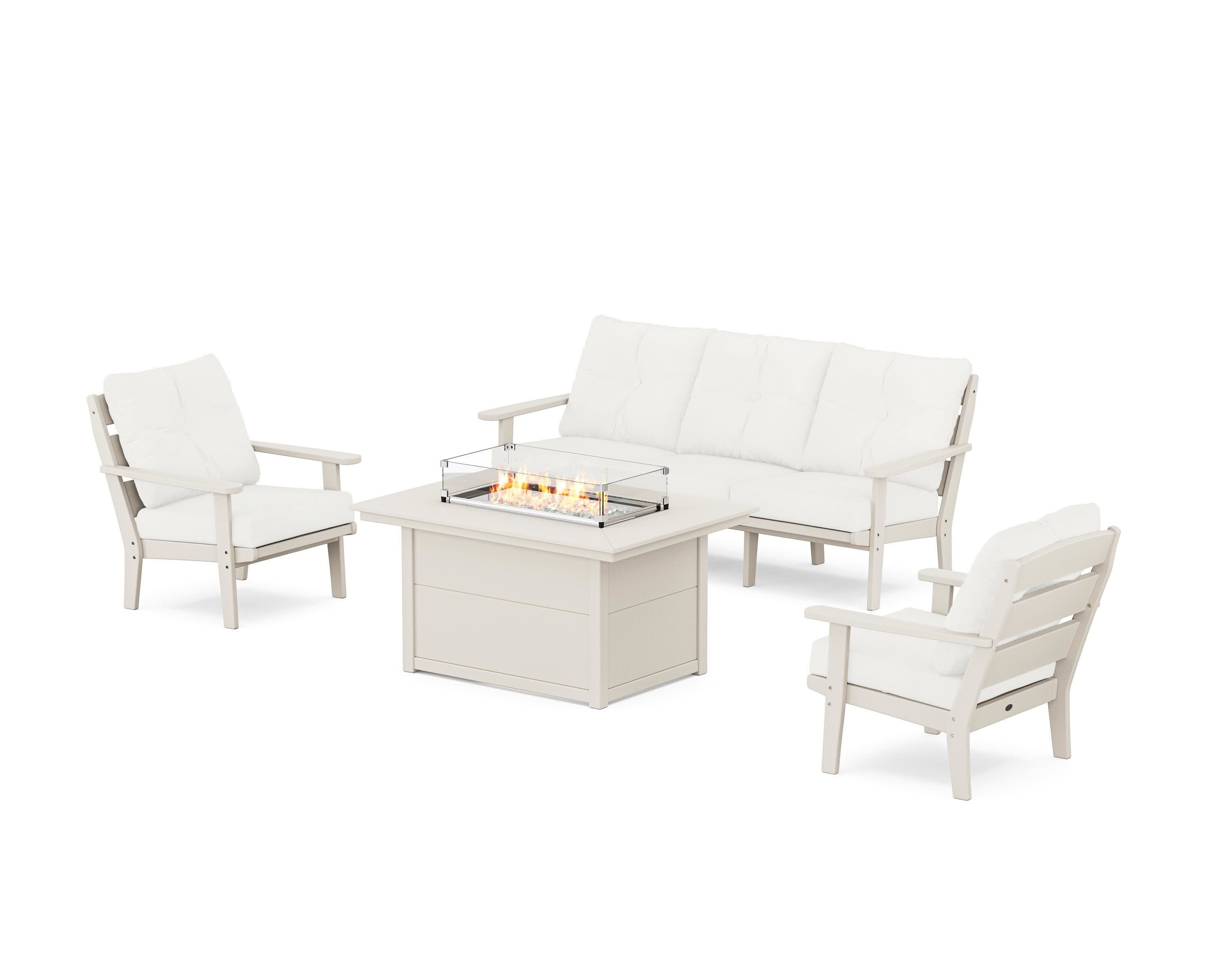 Lakeside Deep Seating Fire Pit Table Set in Sand / Natural Linen