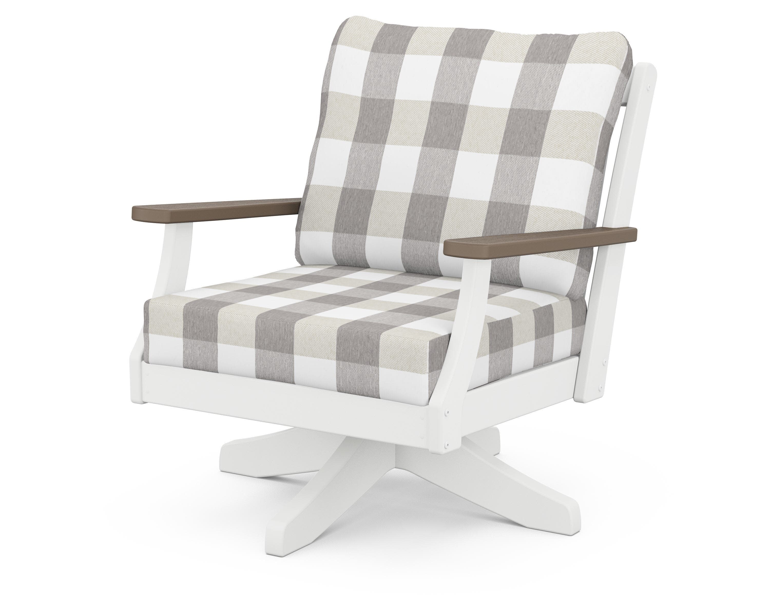 Braxton Deep Seating Swivel Chair in White / Kona / Buffalo Plaid Grey Mist