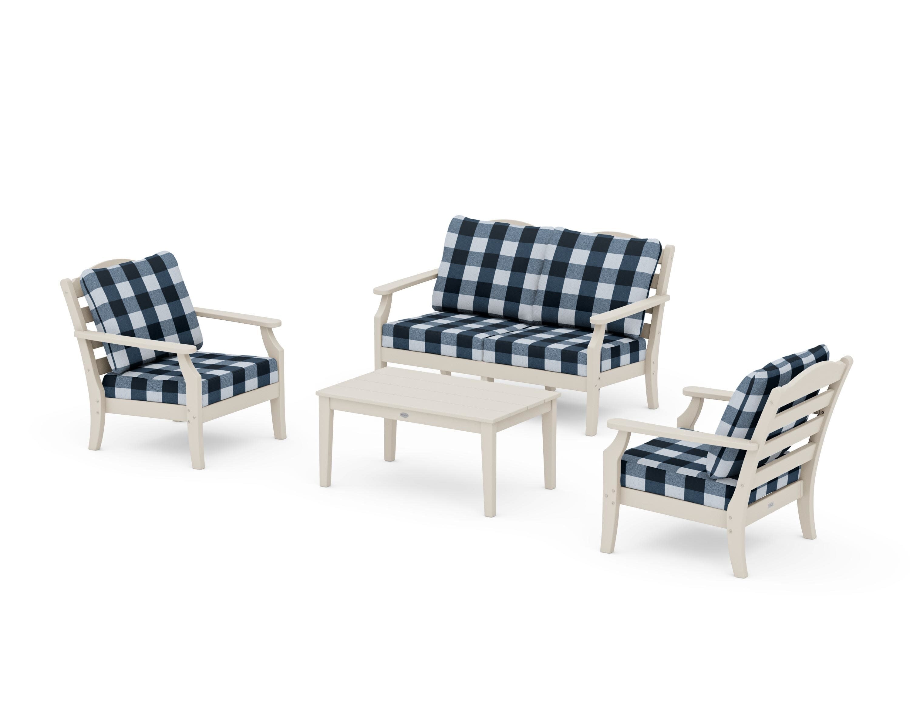 Savannah 4-Piece Deep Seating Set with Loveseat in Sand / Buffalo Plaid Marine Indigo