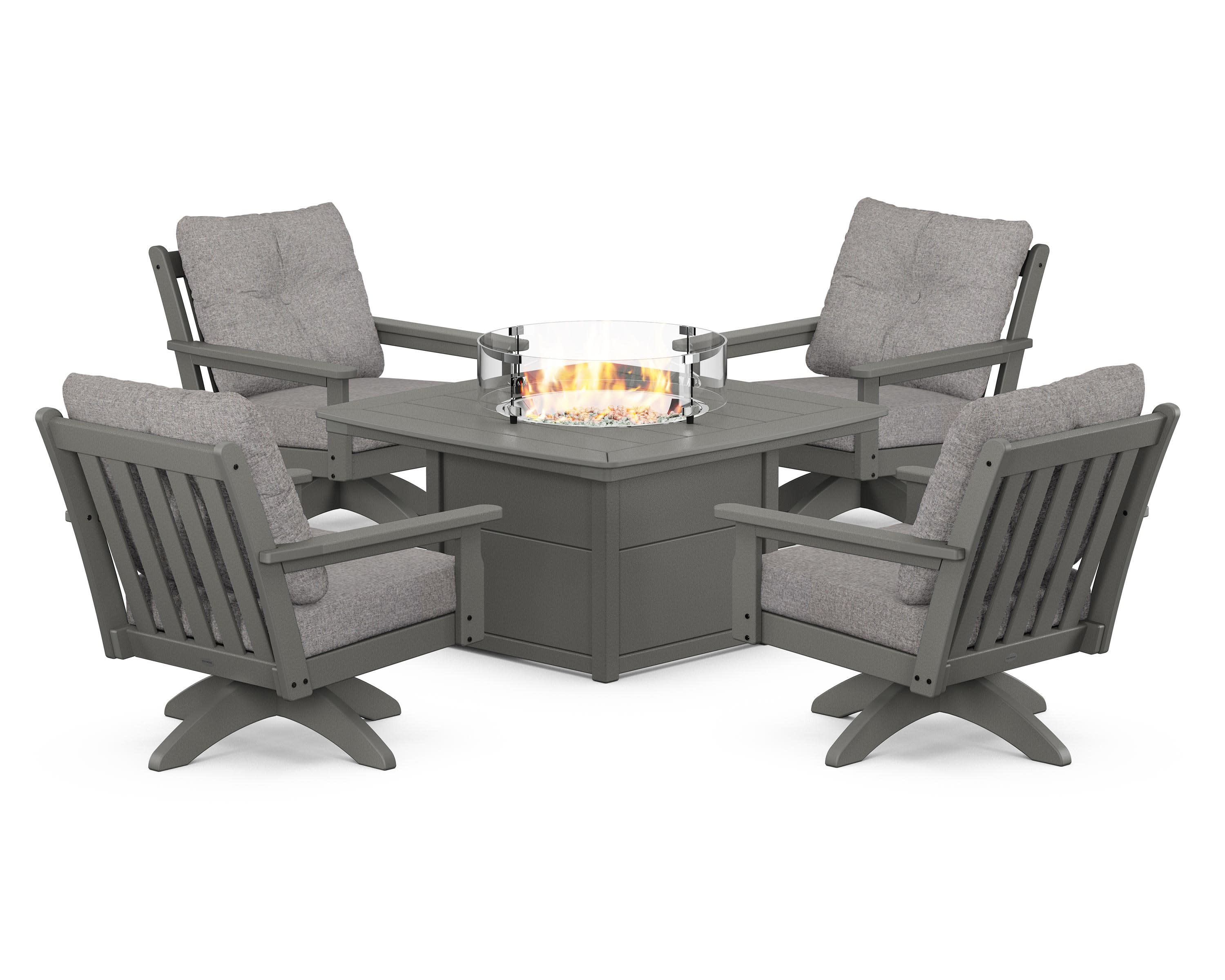 Vineyard 5-Piece Deep Seating Swivel Conversation Set with Fire Pit Table in Slate Grey / Grey Mist