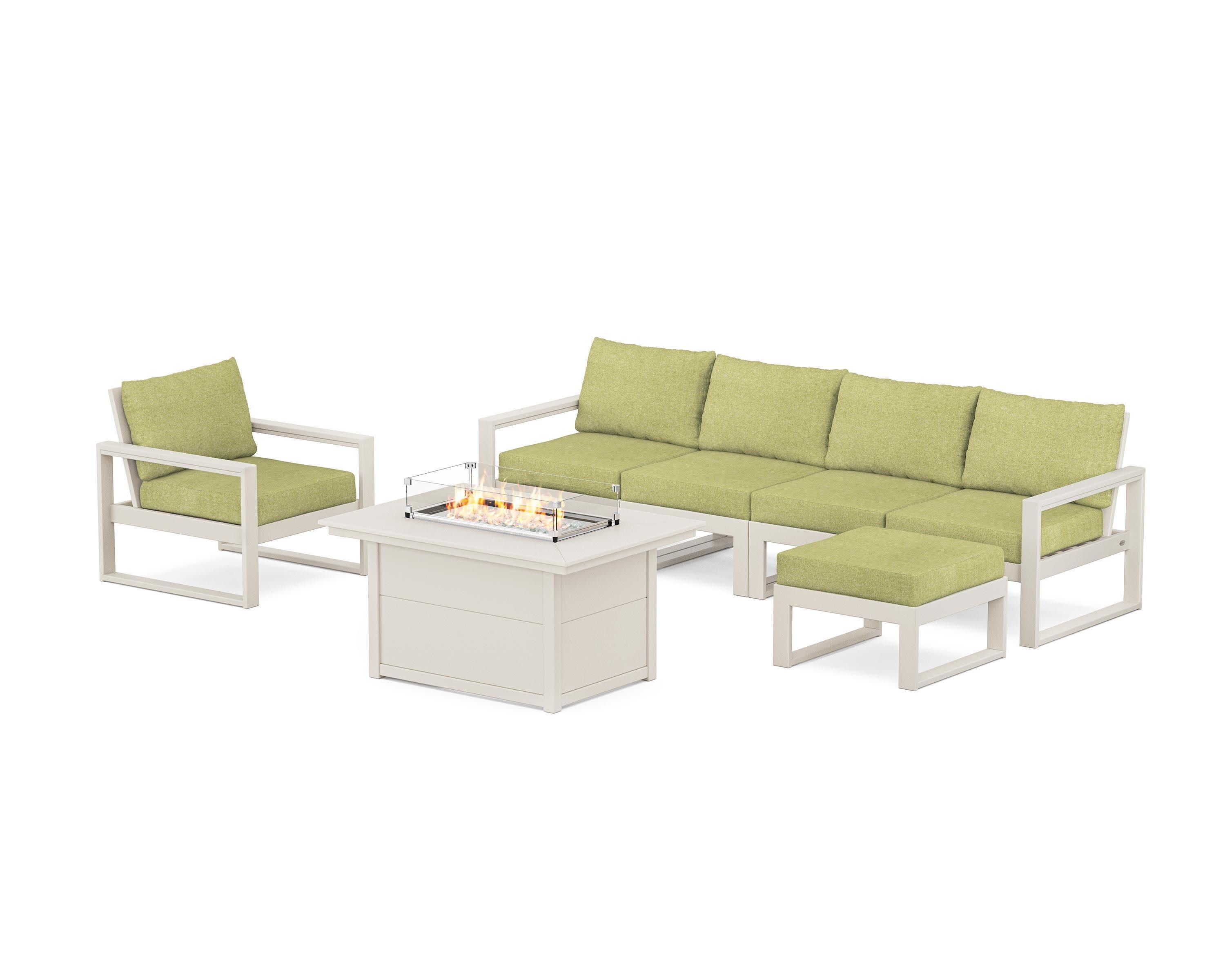 EDGE Sectional Lounge and Fire Pit Set in Sand / Chartreuse Boucle