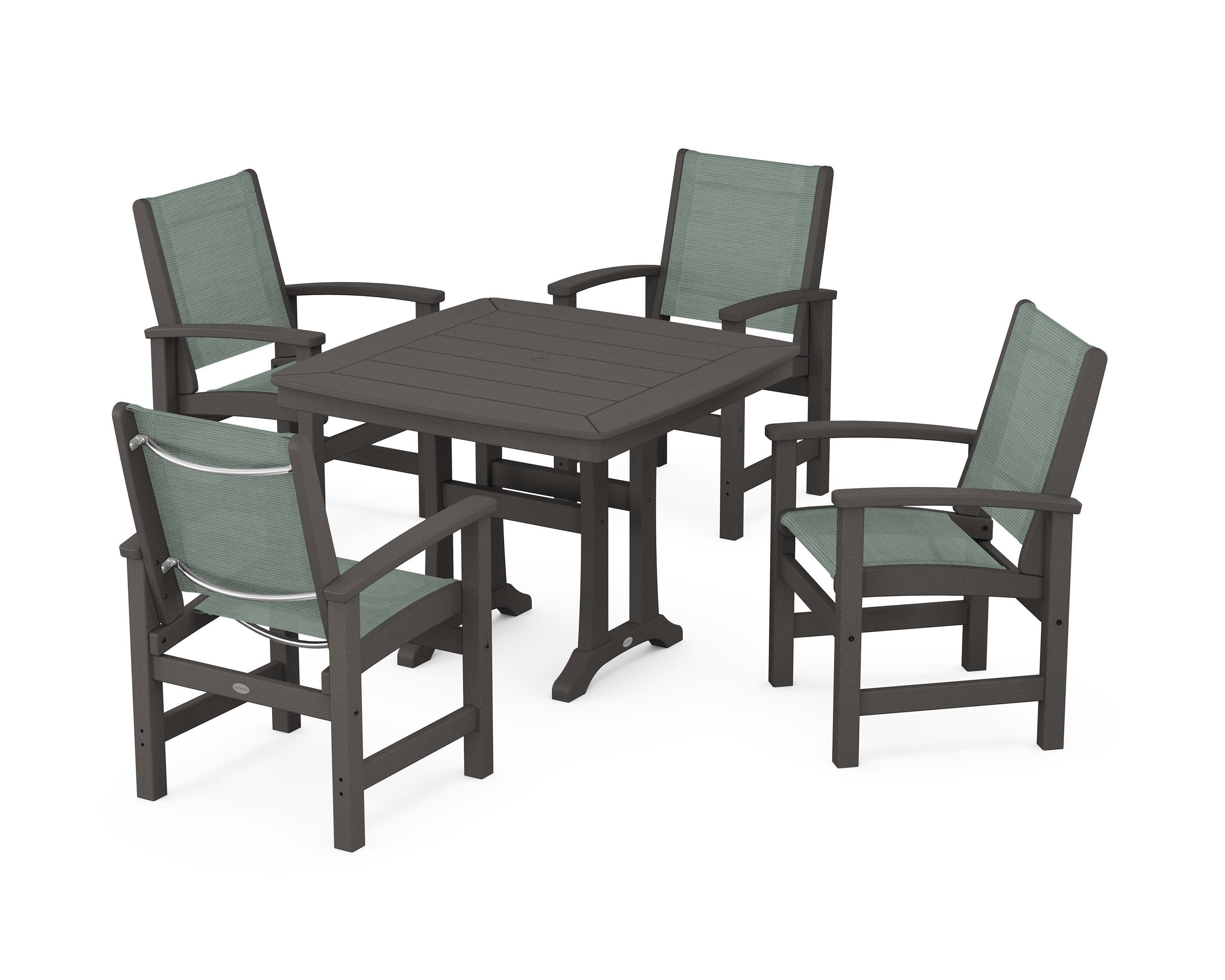 Coastal 5-Piece Dining Set with Trestle Legs in Vintage Coffee / Dupioni Sea Mist Sling