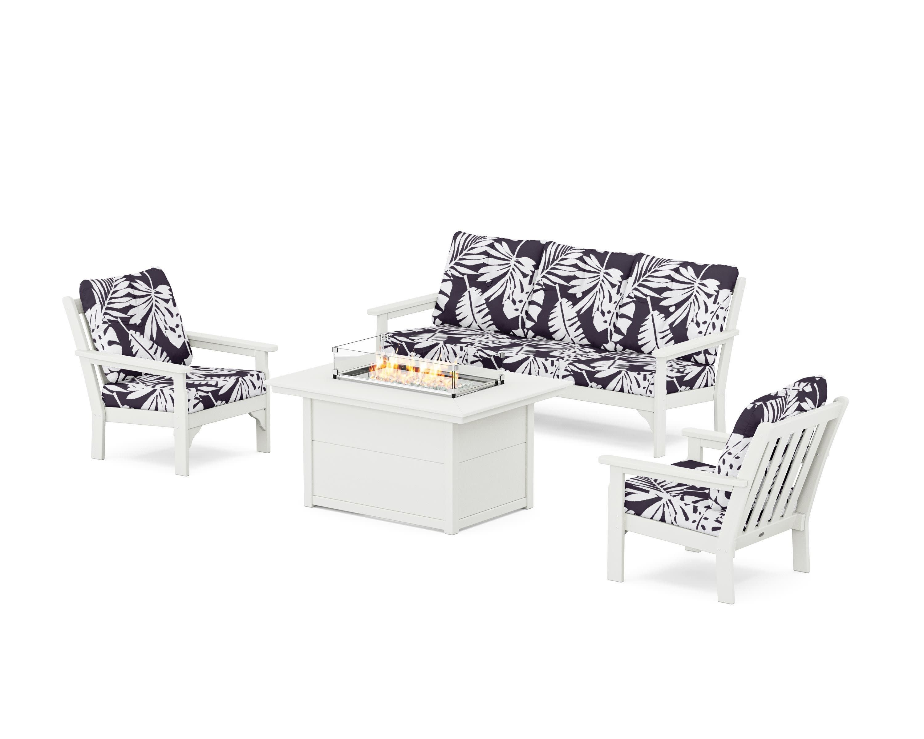 Vineyard Deep Seating Fire Pit Table Set in Vintage White / Leaf Navy