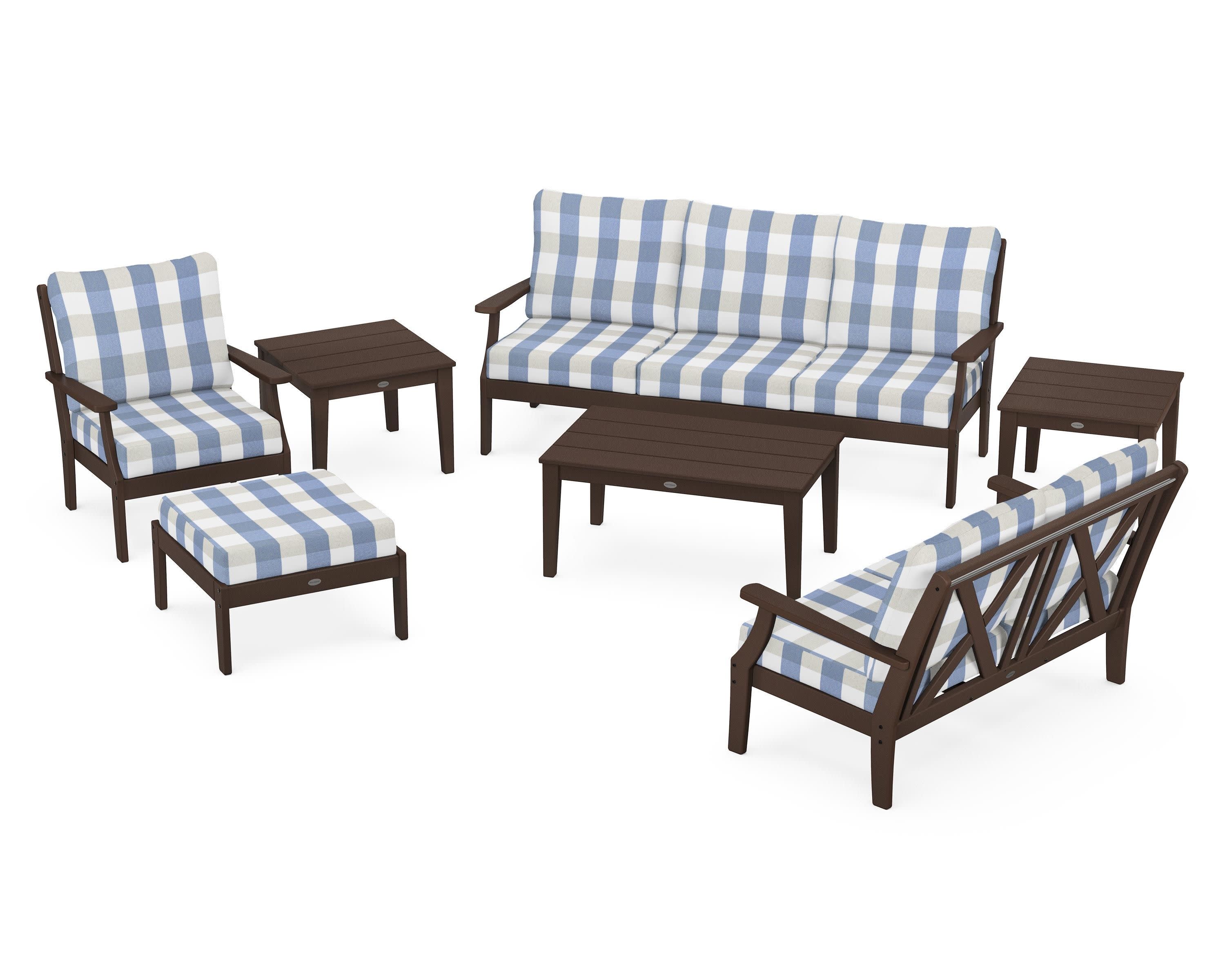 Braxton 7-Piece Deep Seating Set in Mahogany / Buffalo Plaid Sky Blue
