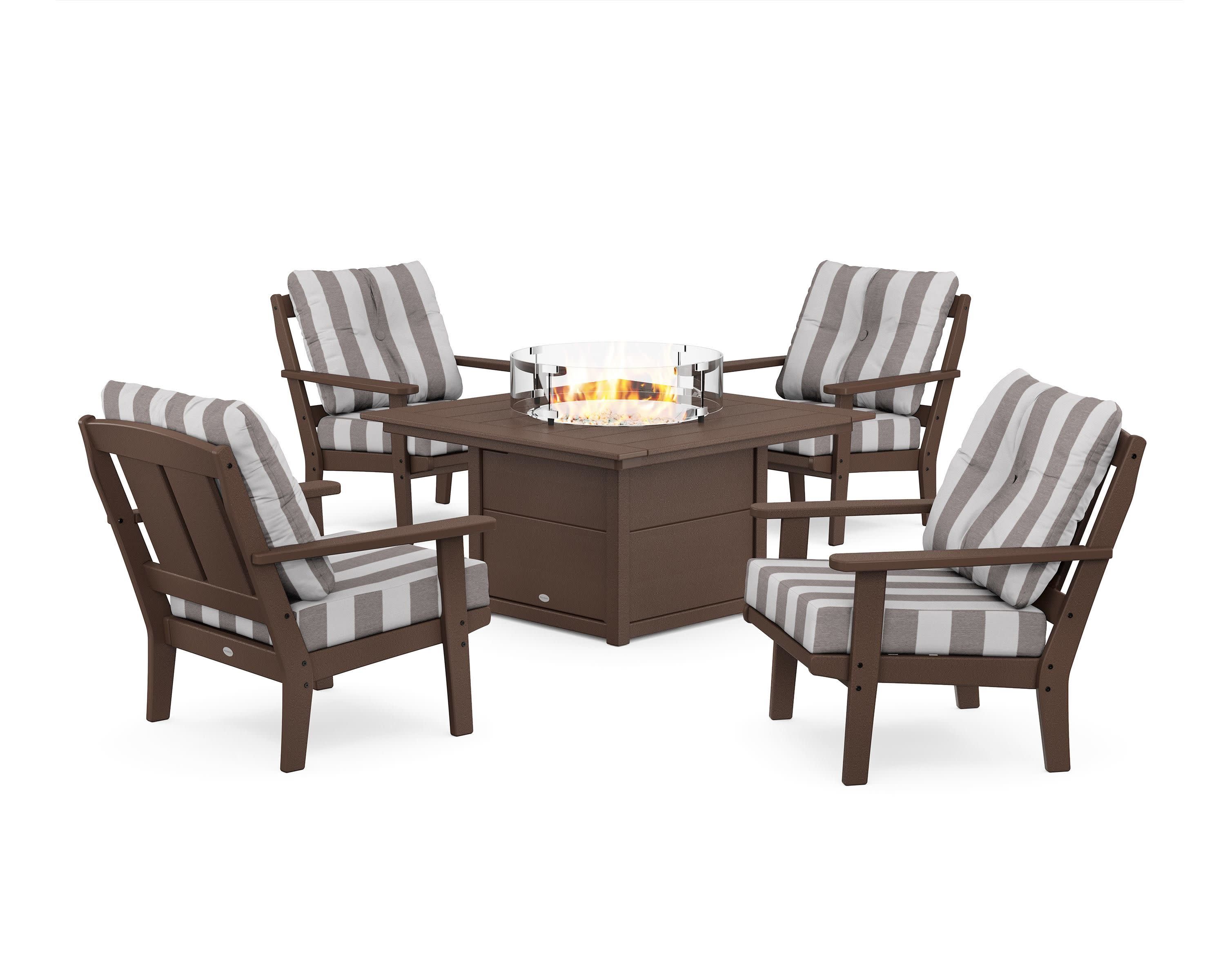 Mission 5-Piece Deep Seating Set with Fire Pit Table in Mahogany / Cabana Stripe Grey Mist