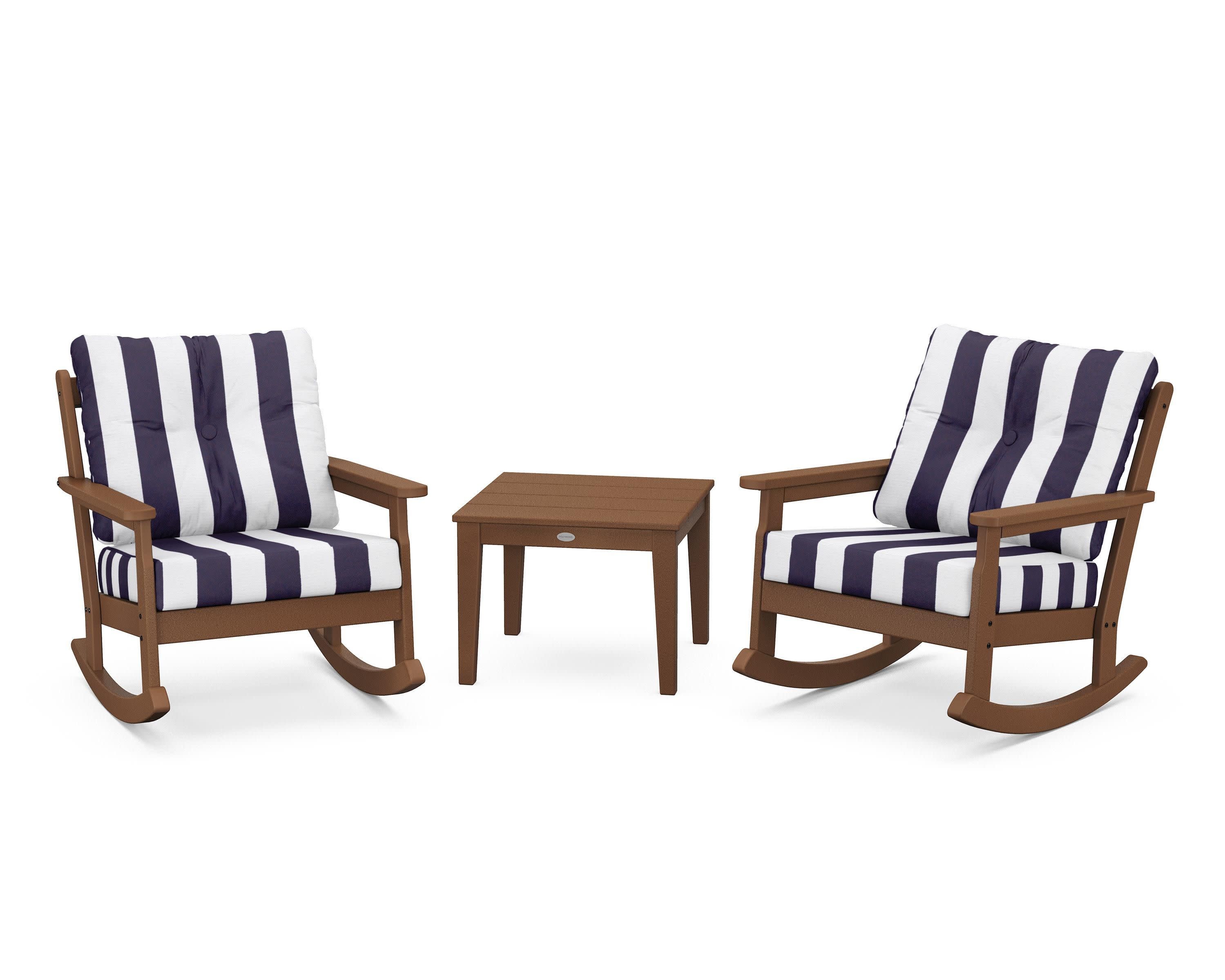 Vineyard 3-Piece Deep Seating Rocker Set in Teak / Cabana Stripe Navy