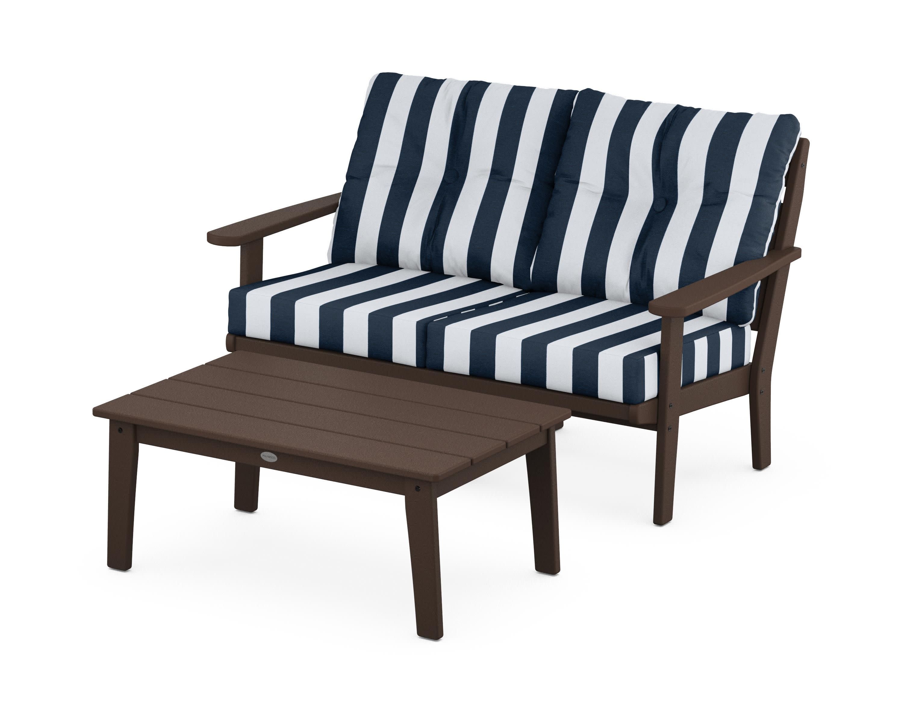Lakeside 2-Piece Lounge Loveseat Set in Mahogany / Cabana Stripe Marine Indigo