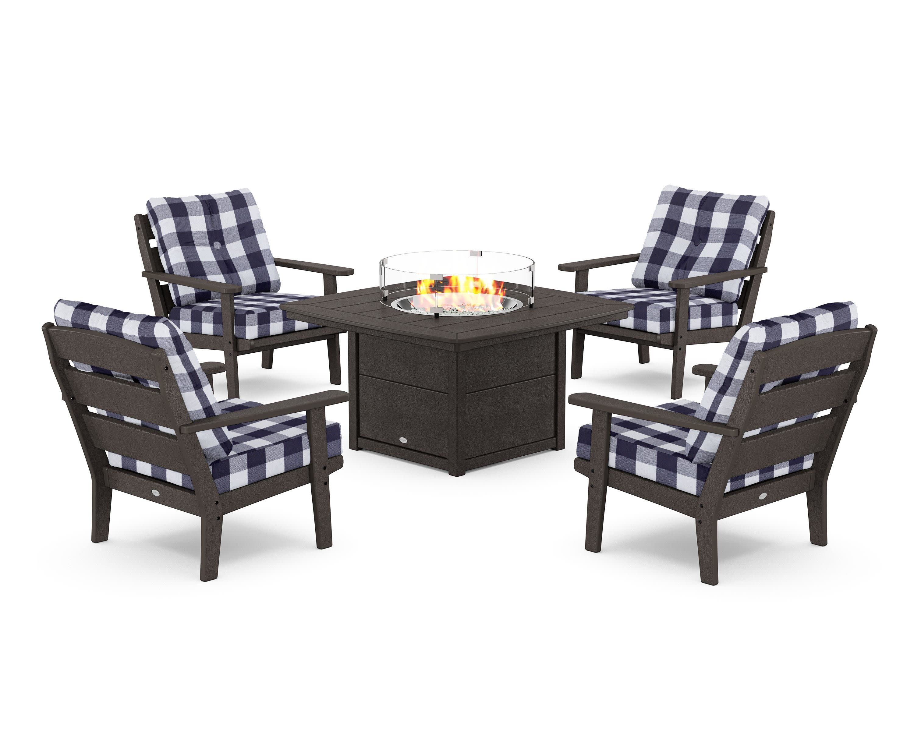 Lakeside 5-Piece Deep Seating Set with Nautical Fire Pit Table in Vintage Coffee / Buffalo Plaid Navy