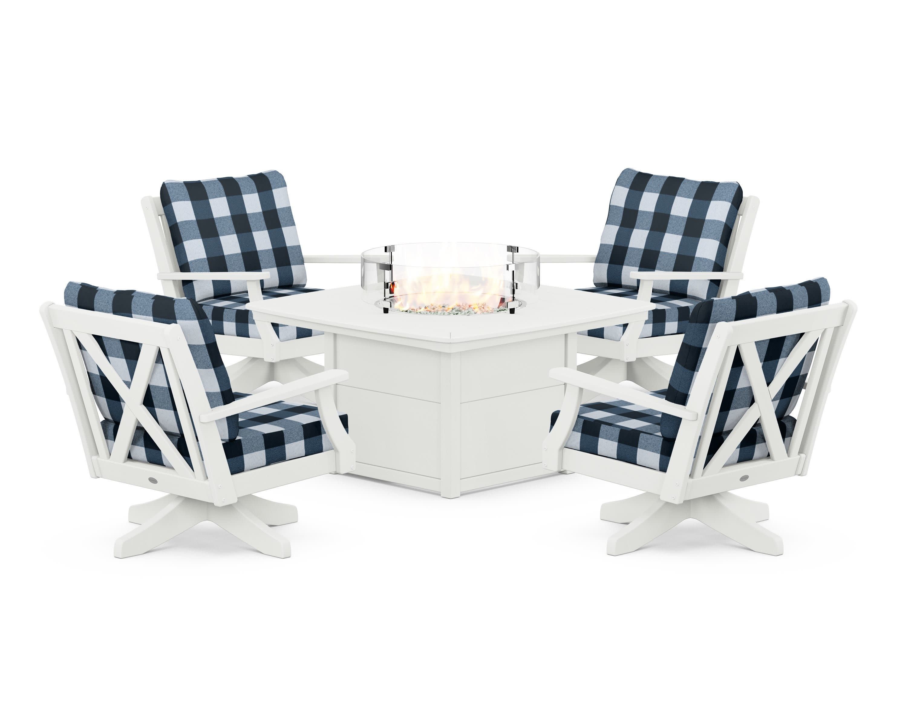 Braxton 5-Piece Deep Seating Swivel Conversation Set with Fire Pit Table in Vintage White / Buffalo Plaid Marine Indigo