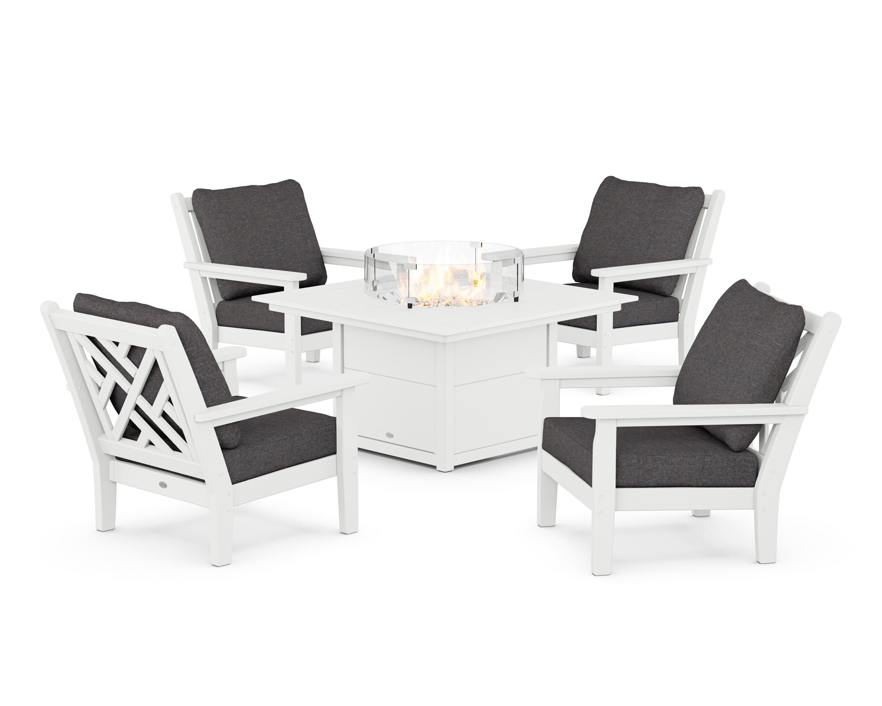 Chippendale 5-Piece Deep Seating Set with Fire Pit Table in White / Ash Charcoal