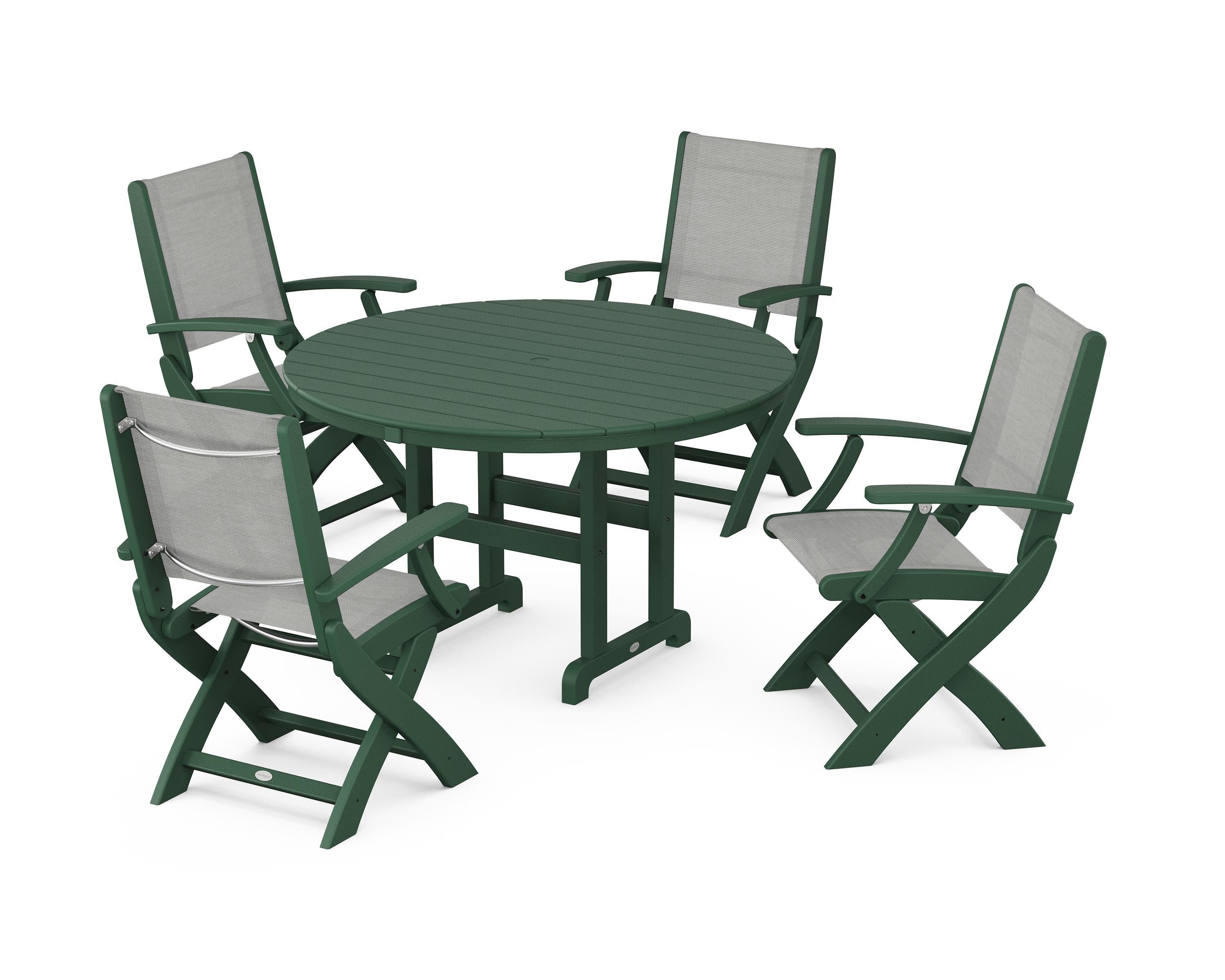 Coastal Folding Chair 5-Piece Round Dining Set in Green / Metallic Sling