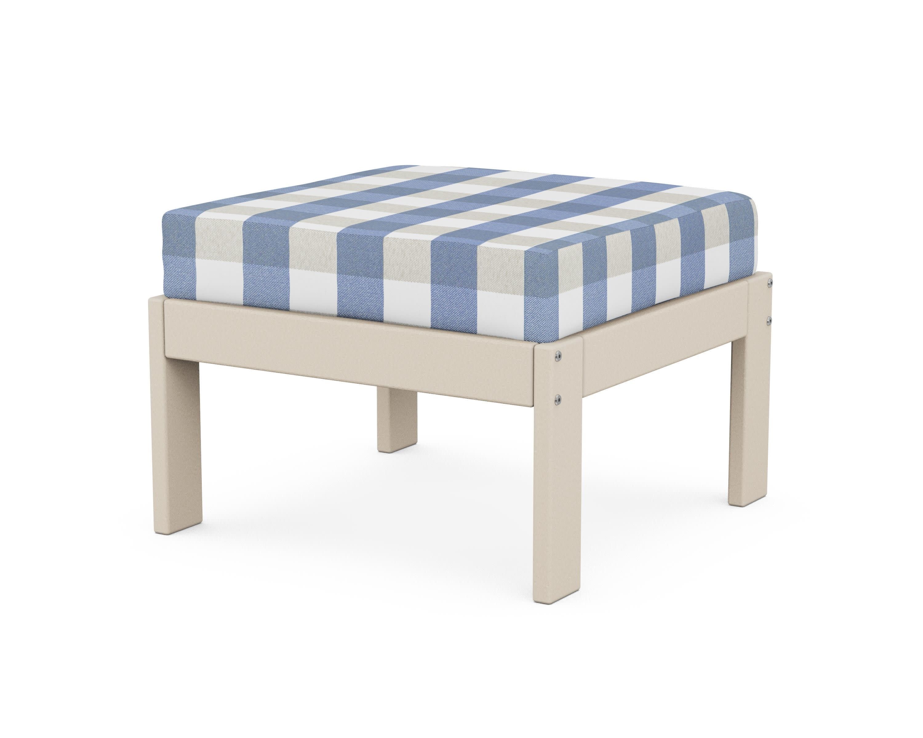 Vineyard Modular Ottoman in Sand / Buffalo Plaid Sky Blue
