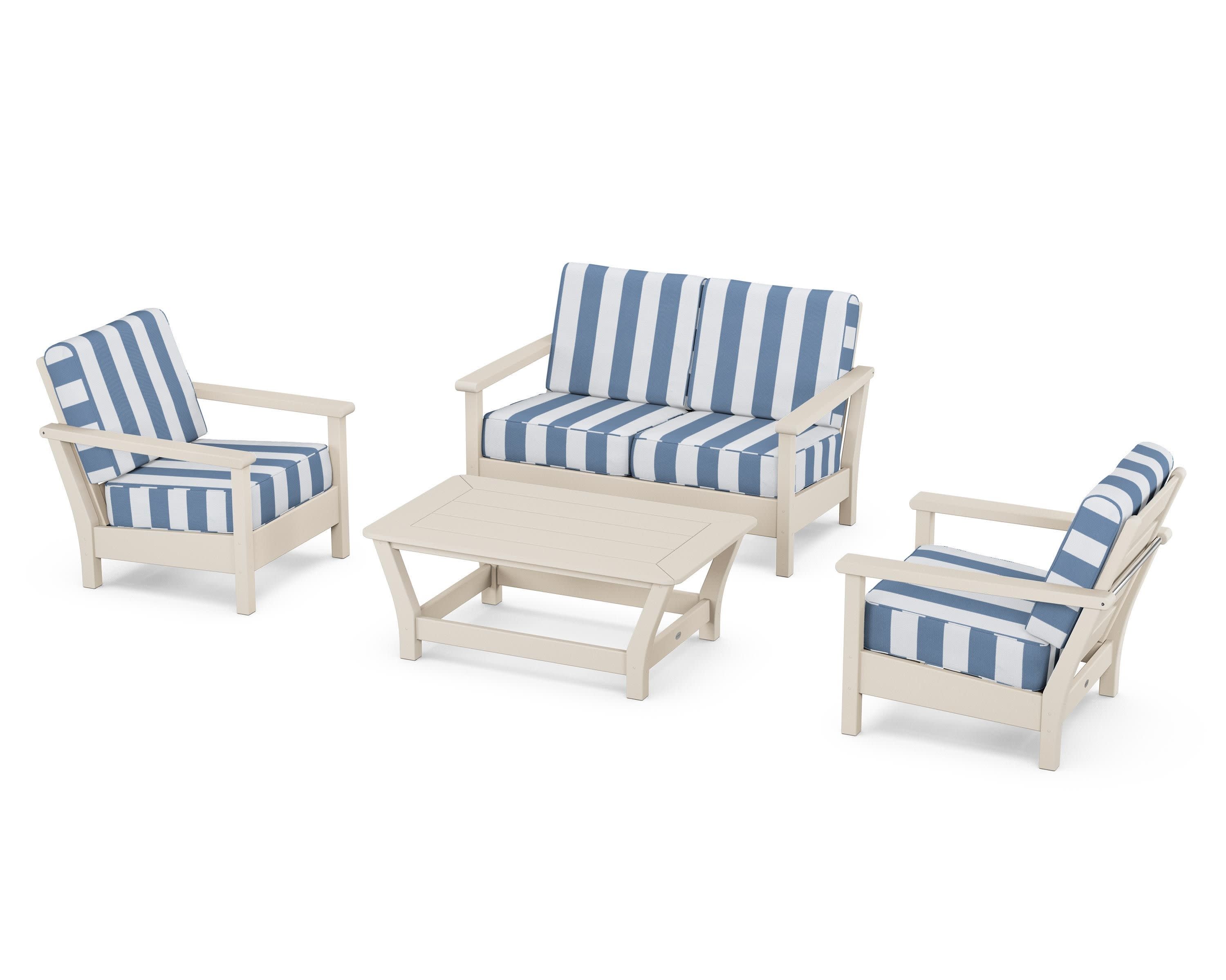 Harbour 4-Piece Deep Seating Set in Sand / Cabana Stripe Sky Blue