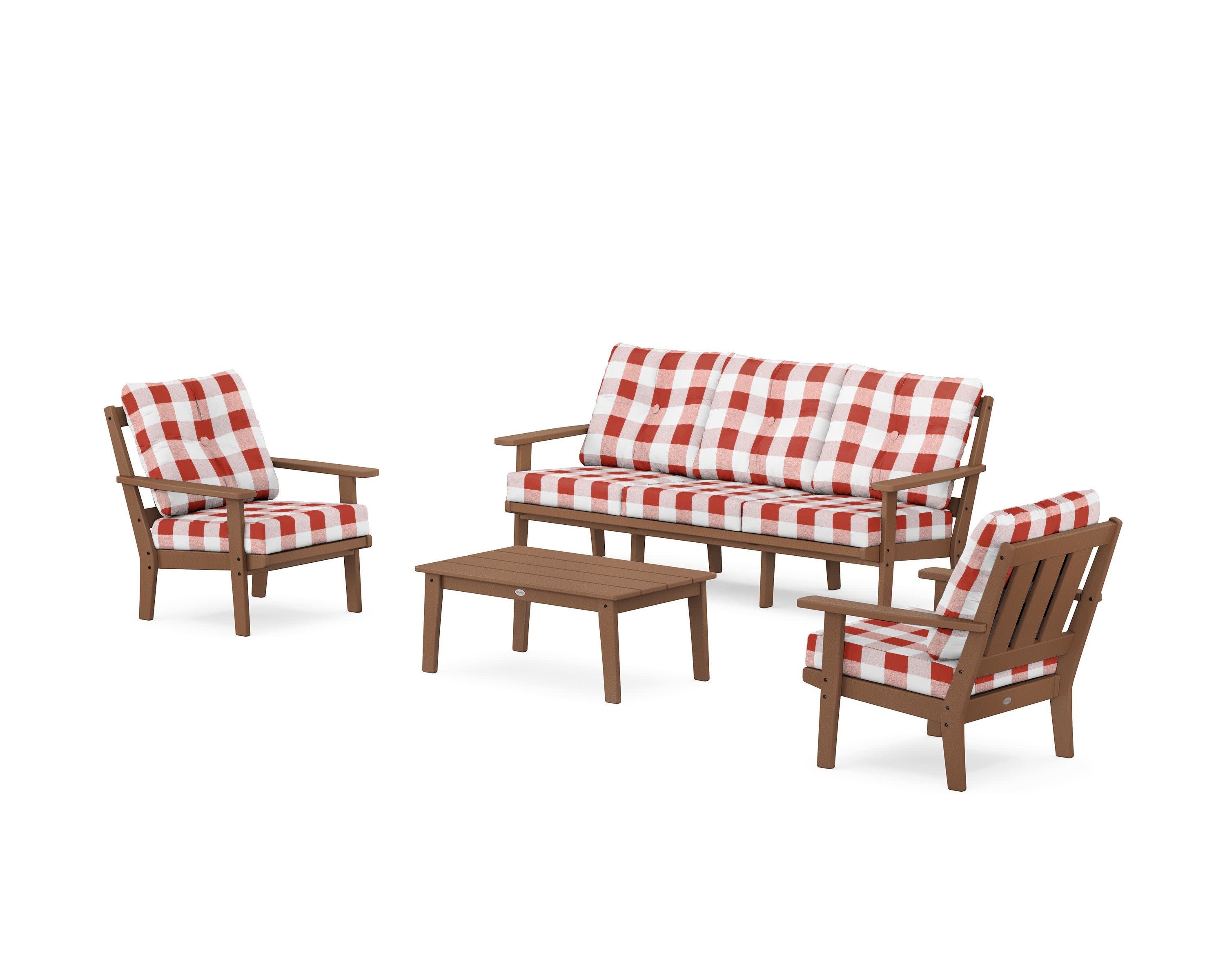 Oxford 4-Piece Deep Seating Set with Sofa in Teak / Buffalo Plaid Crimson
