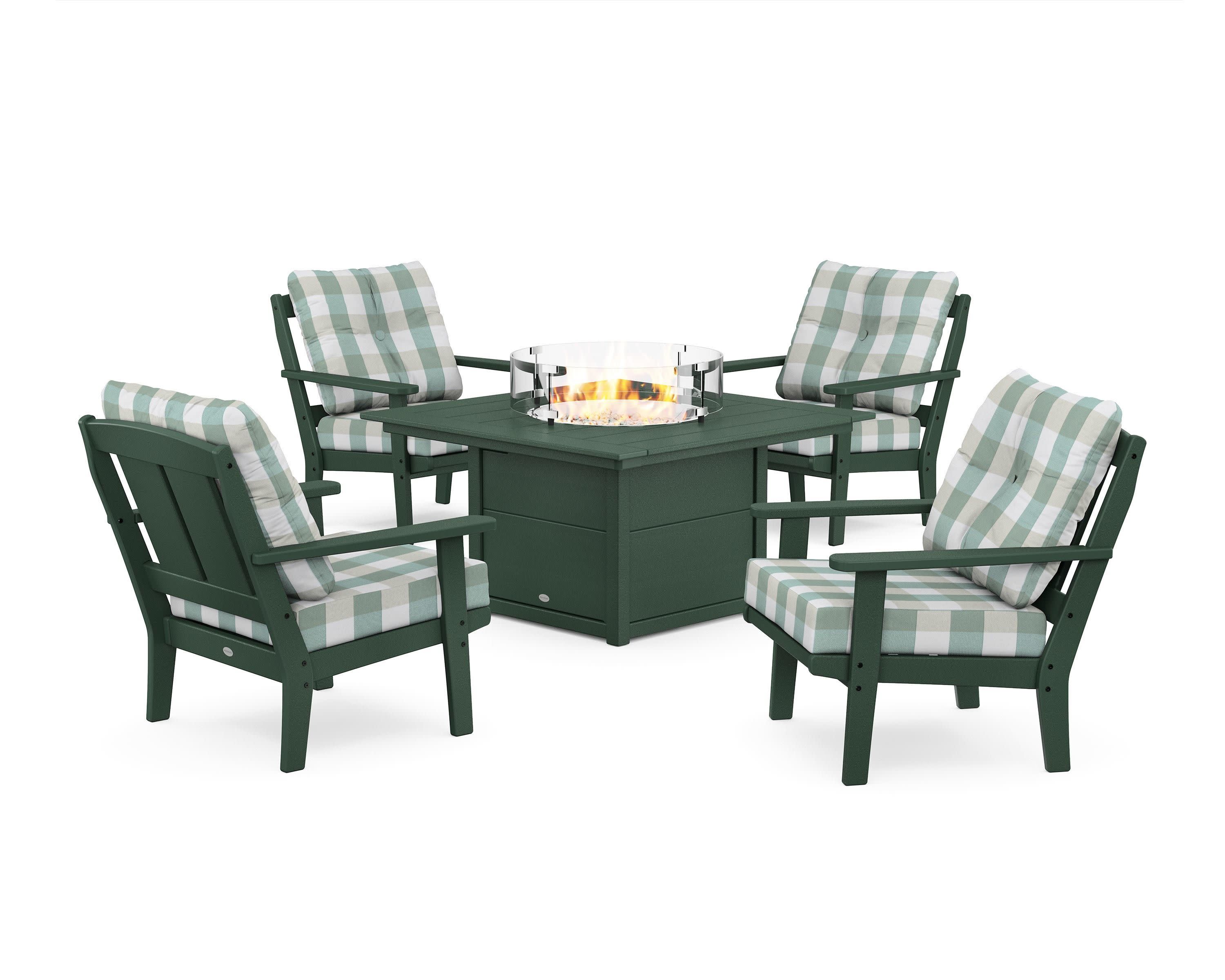 Mission 5-Piece Deep Seating Set with Fire Pit Table in Green / Buffalo Plaid Glacier Spa