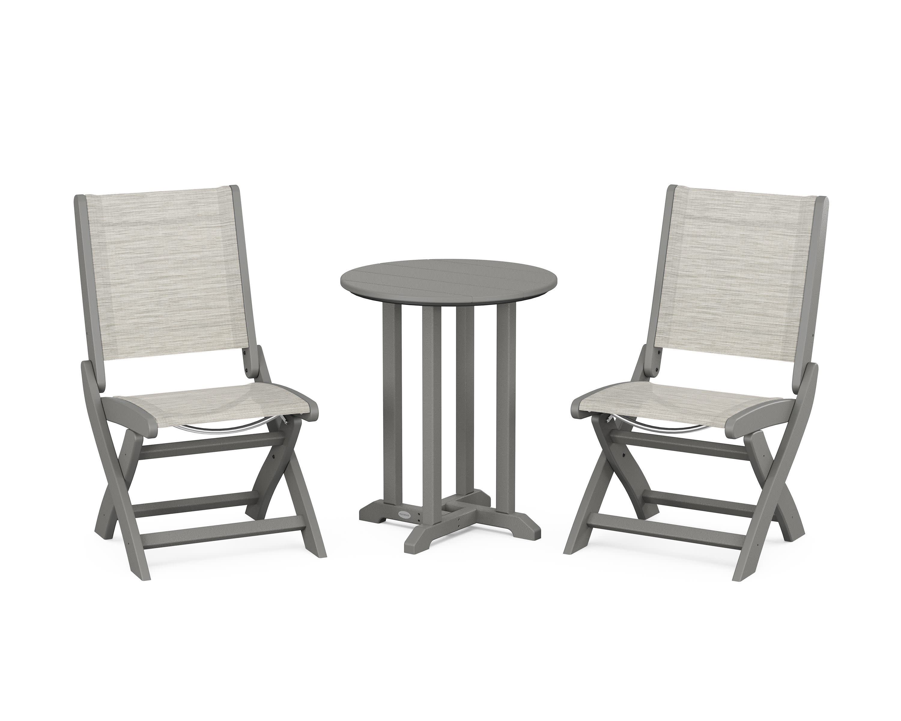 Coastal Folding Side Chair 3-Piece Round Bistro Dining Set in Slate Grey / Birch Sling