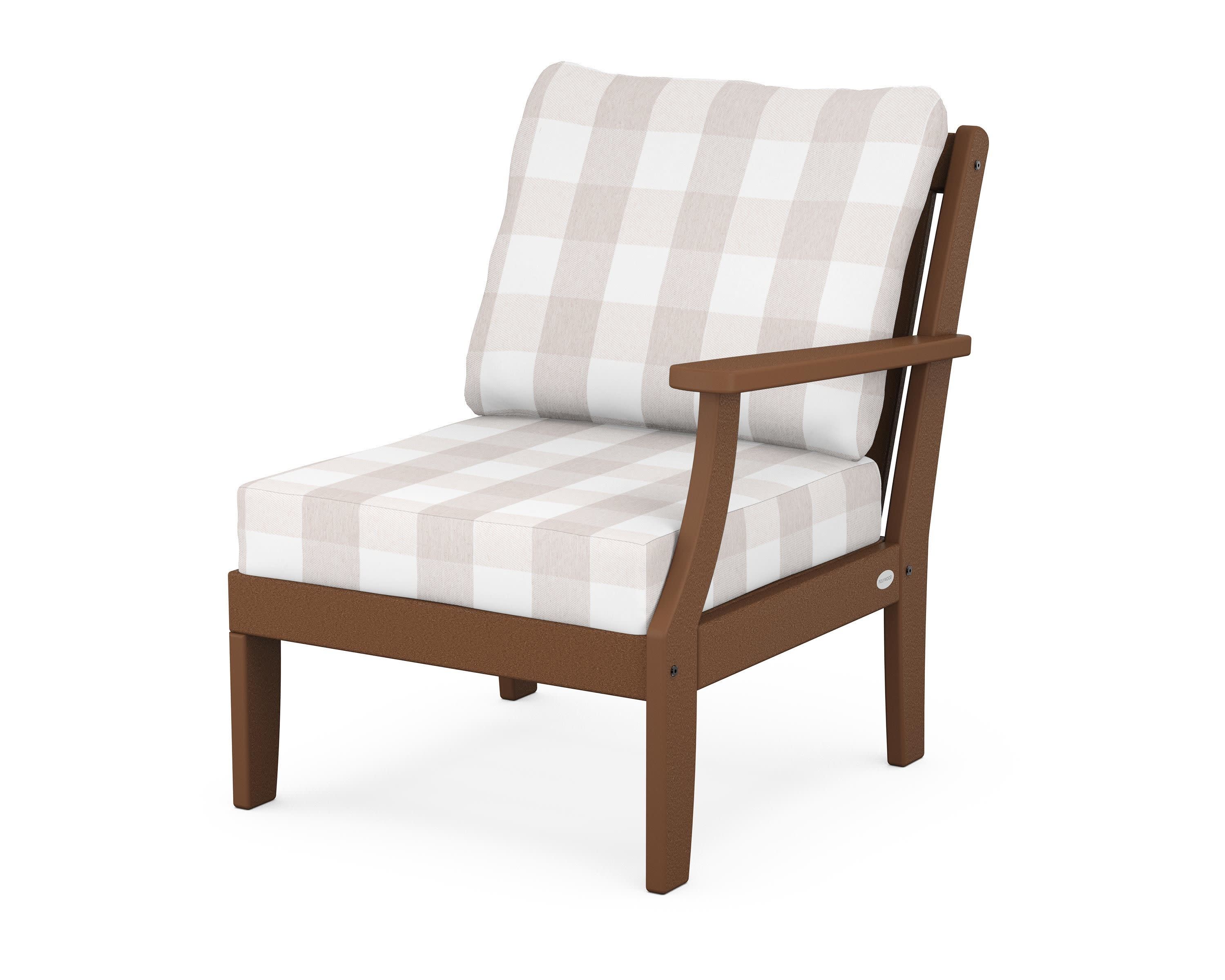 Braxton Modular Right Arm Chair in Teak / Buffalo Plaid Dune Burlap
