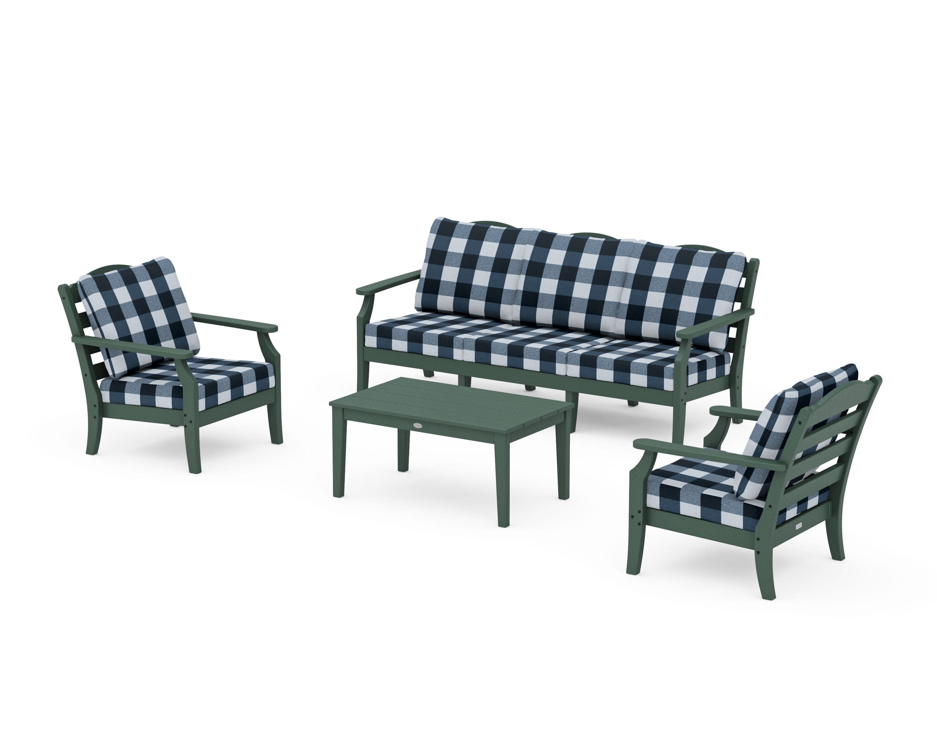Savannah 4-Piece Deep Seating Set with Sofa in Green / Buffalo Plaid Marine Indigo