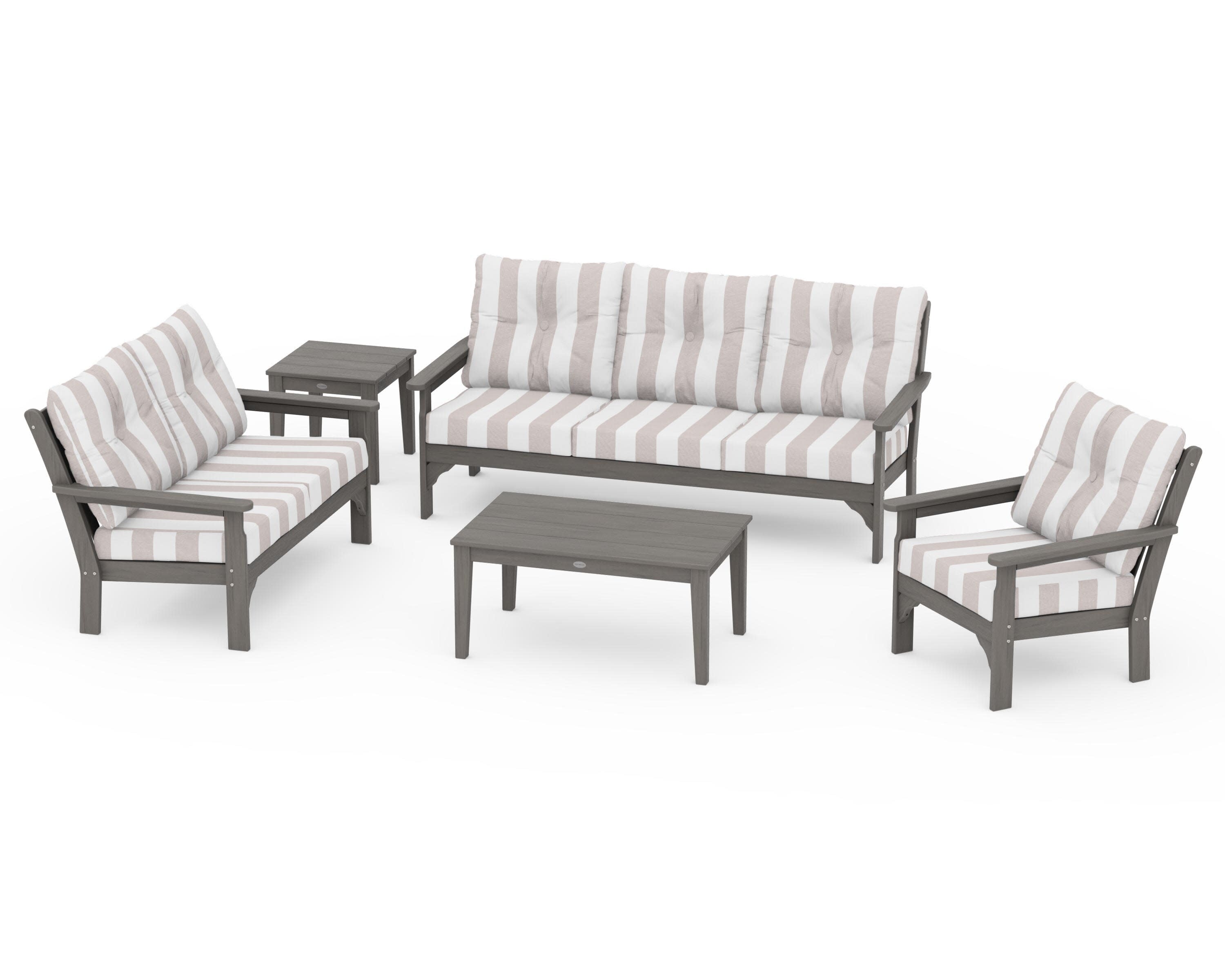 Vineyard 5 Piece Deep Seating Set in Driftwood / Cabana Stripe Dune Burlap