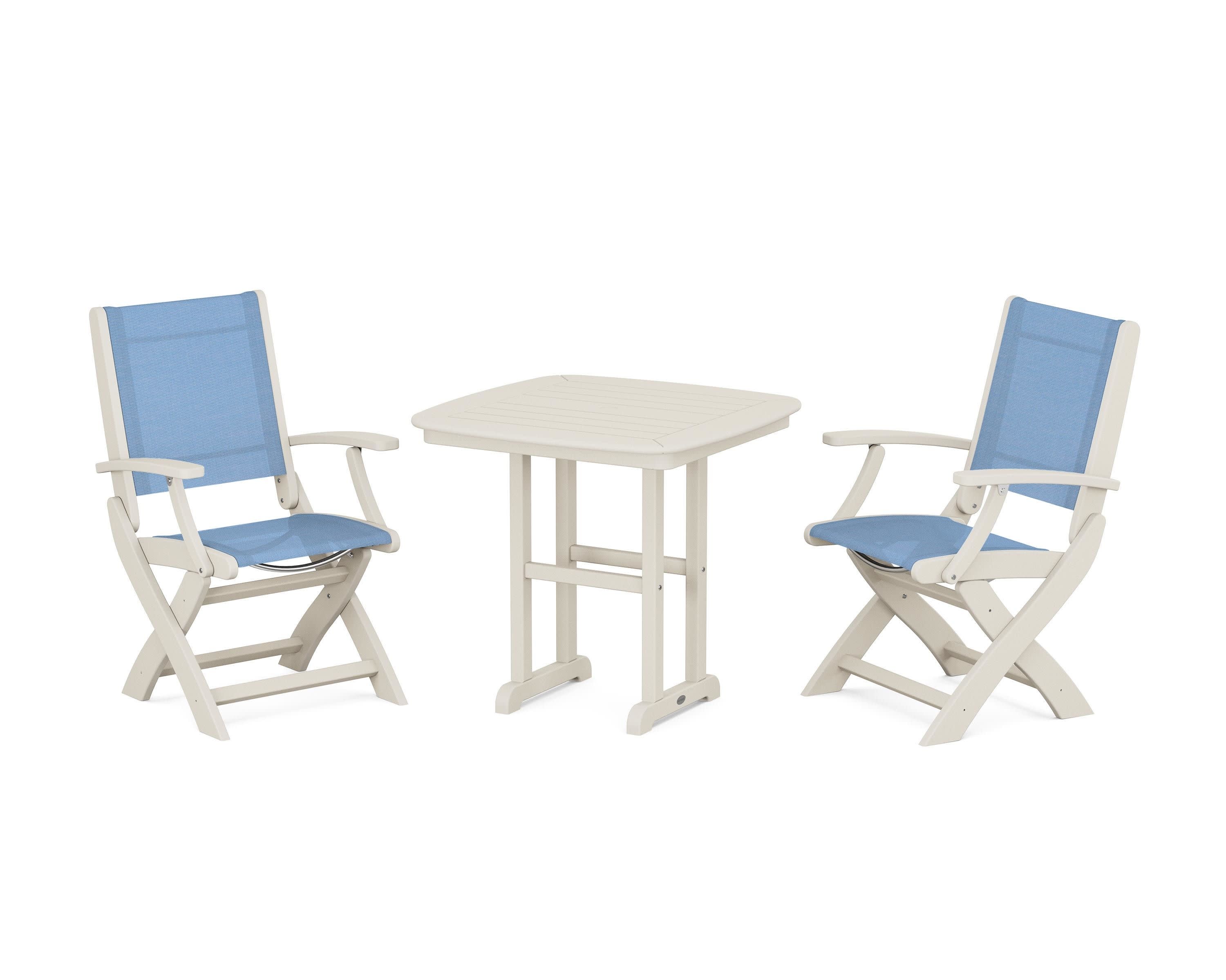 Coastal Folding Chair 3-Piece Dining Set in Sand / Poolside Sling