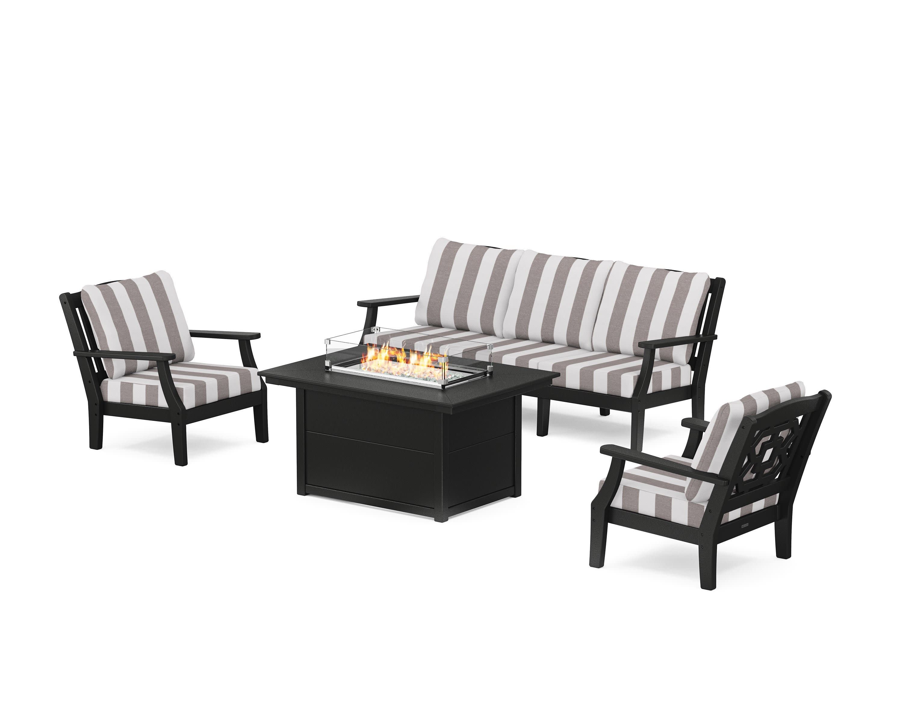 Chinoiserie Deep Seating Fire Pit Table Set in Black / Cabana Stripe Grey Mist