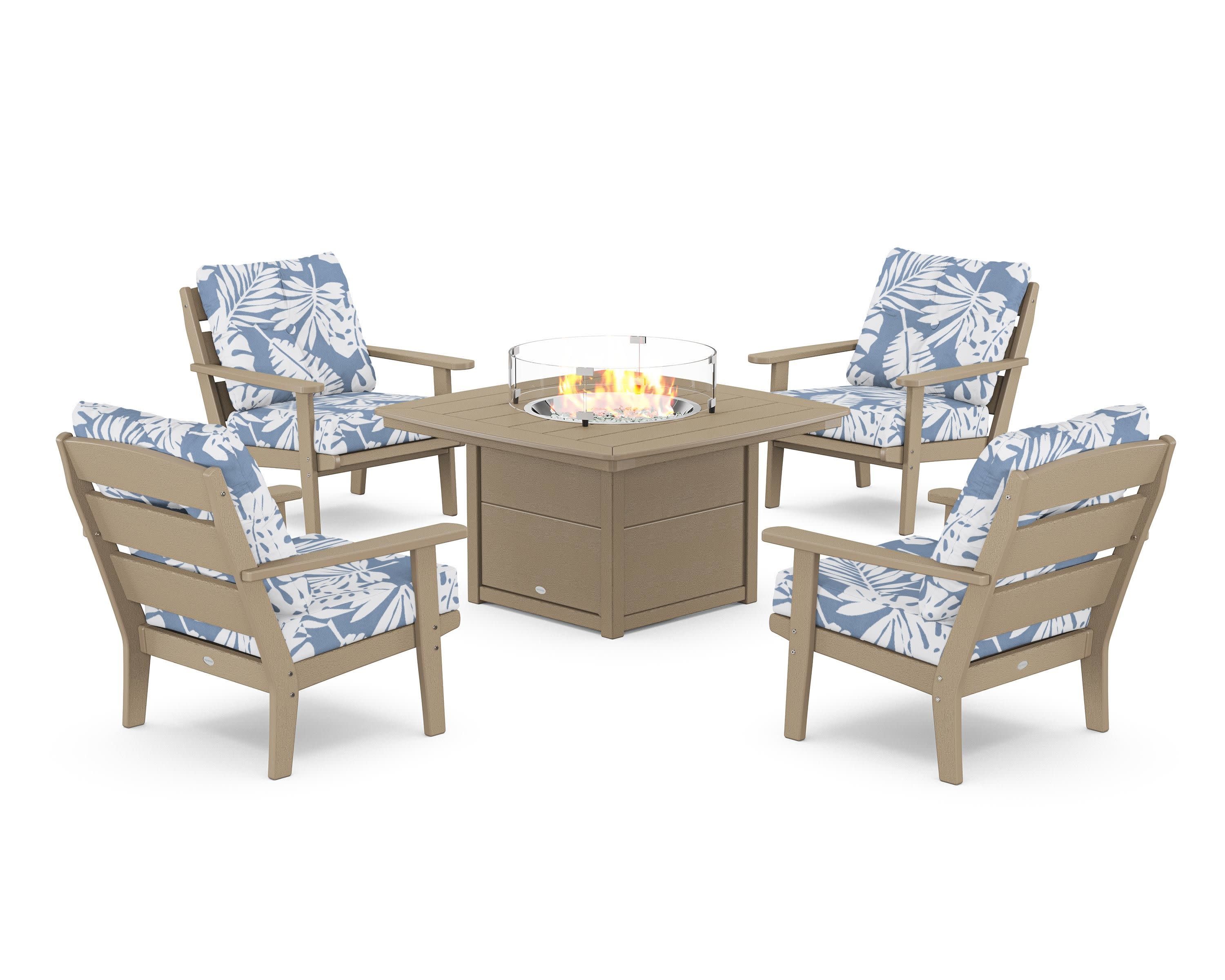 Lakeside 5-Piece Deep Seating Set with Nautical Fire Pit Table in Vintage Sahara / Leaf Sky Blue