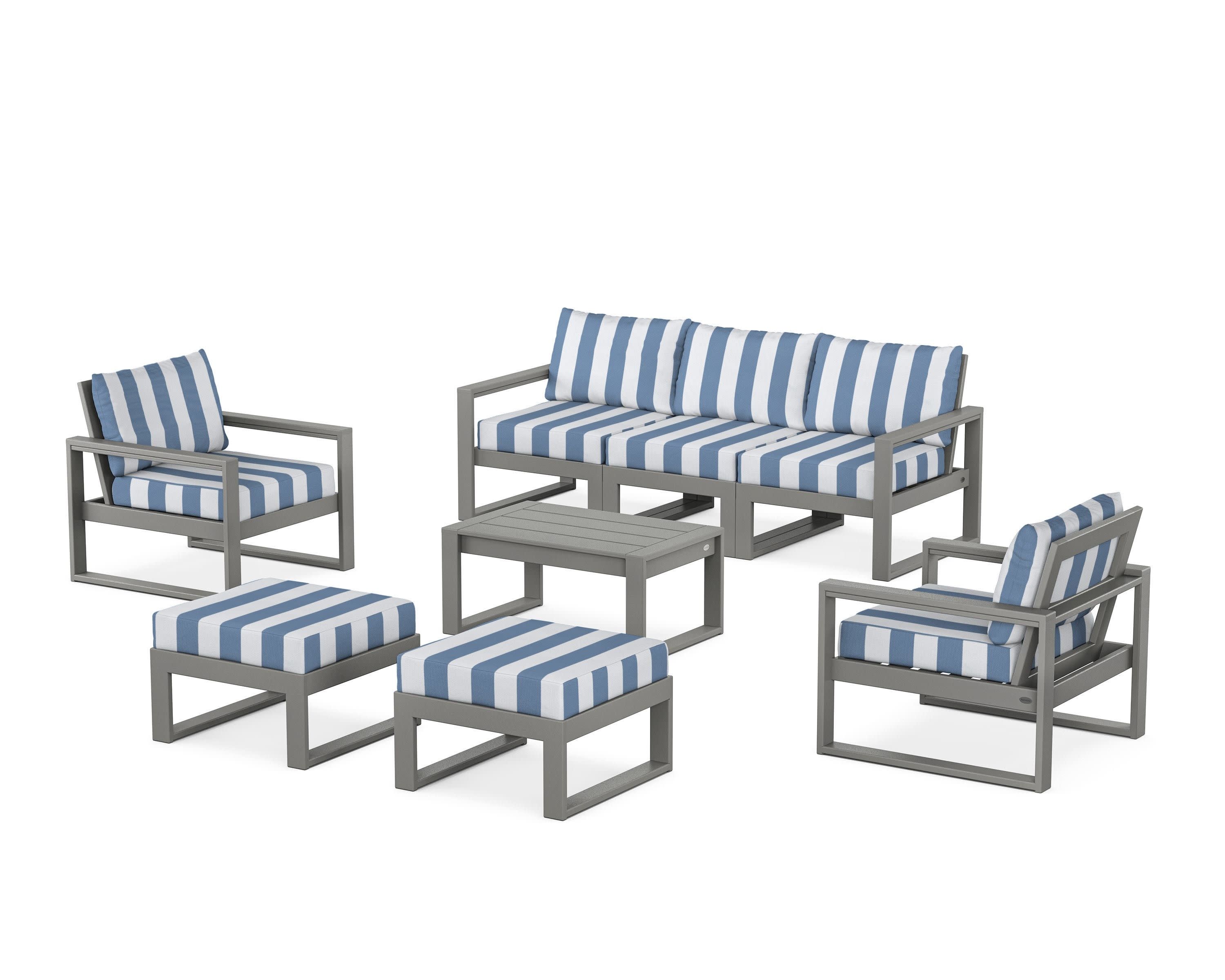 EDGE Sectional 8-Piece Lounge Sofa Set in Slate Grey / Cabana Stripe Sky Blue