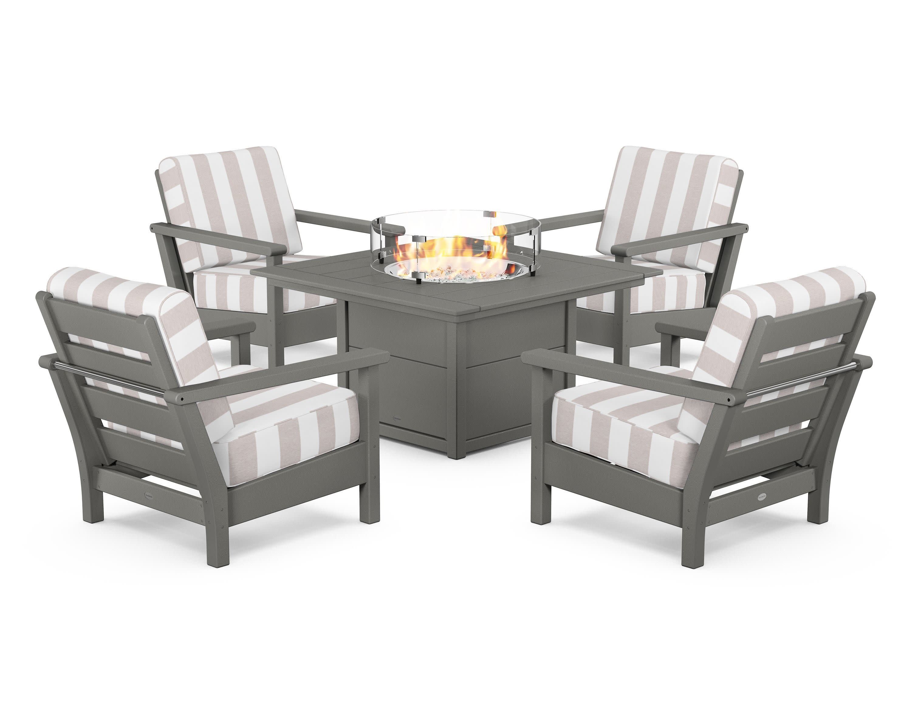 Harbour 5-Piece Conversation Set with Fire Pit Table in Slate Grey / Cabana Stripe Dune Burlap