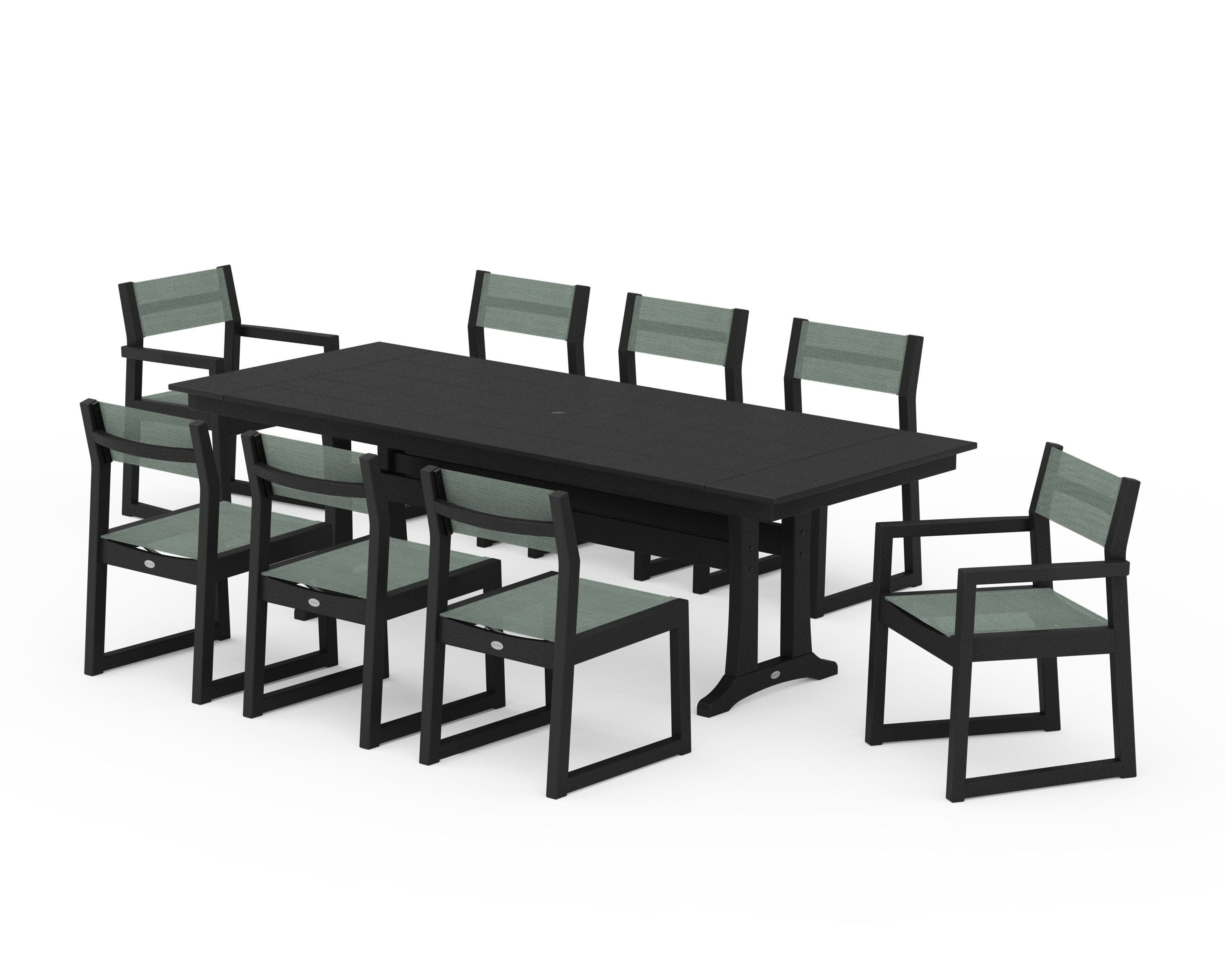 EDGE Sling 9-Piece Farmhouse Trestle Dining Set in Black / Dupioni Sea Mist Sling