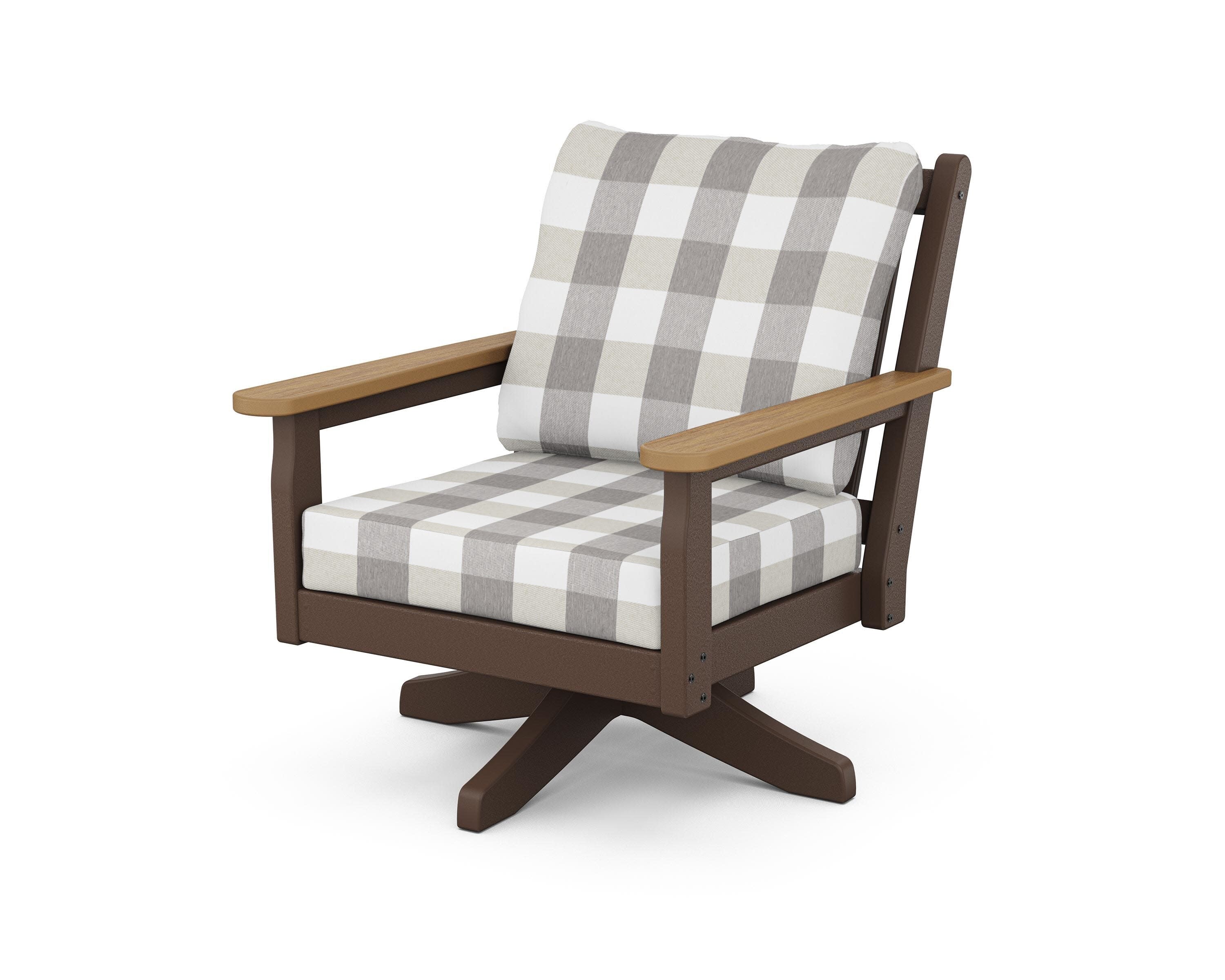 Chippendale Deep Seating Swivel Chair in Mahogany / Natural / Buffalo Plaid Grey Mist