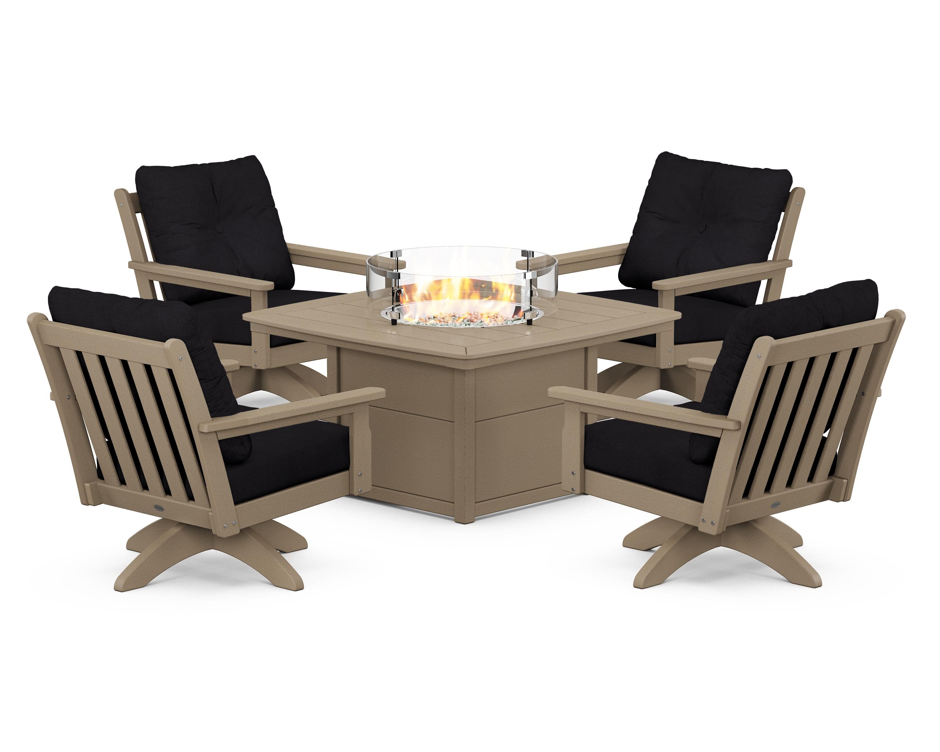 Vineyard 5-Piece Deep Seating Swivel Conversation Set with Fire Pit Table in Vintage Sahara / Midnight Linen