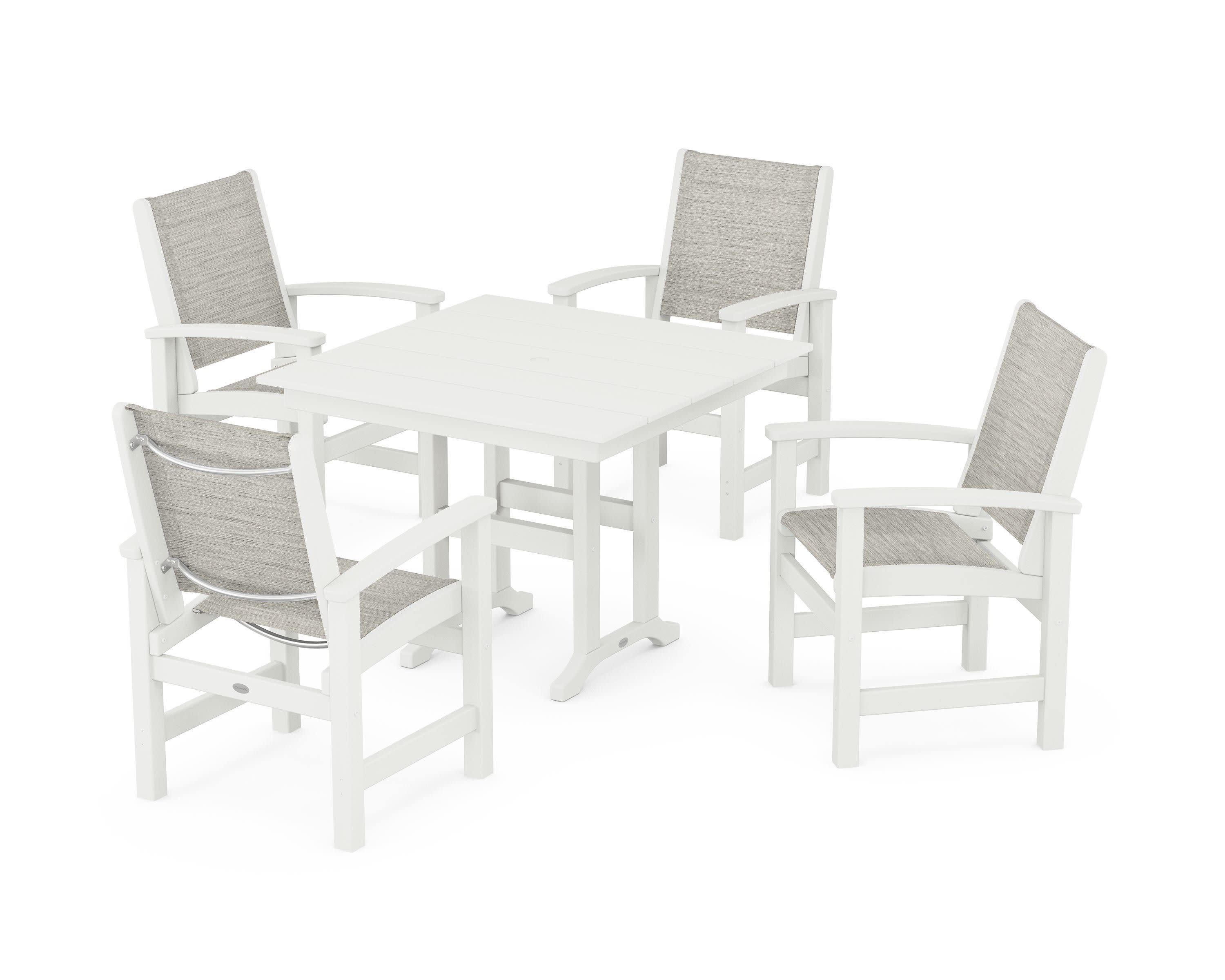 Coastal 5-Piece Farmhouse Dining Set in Vintage White / Birch Sling